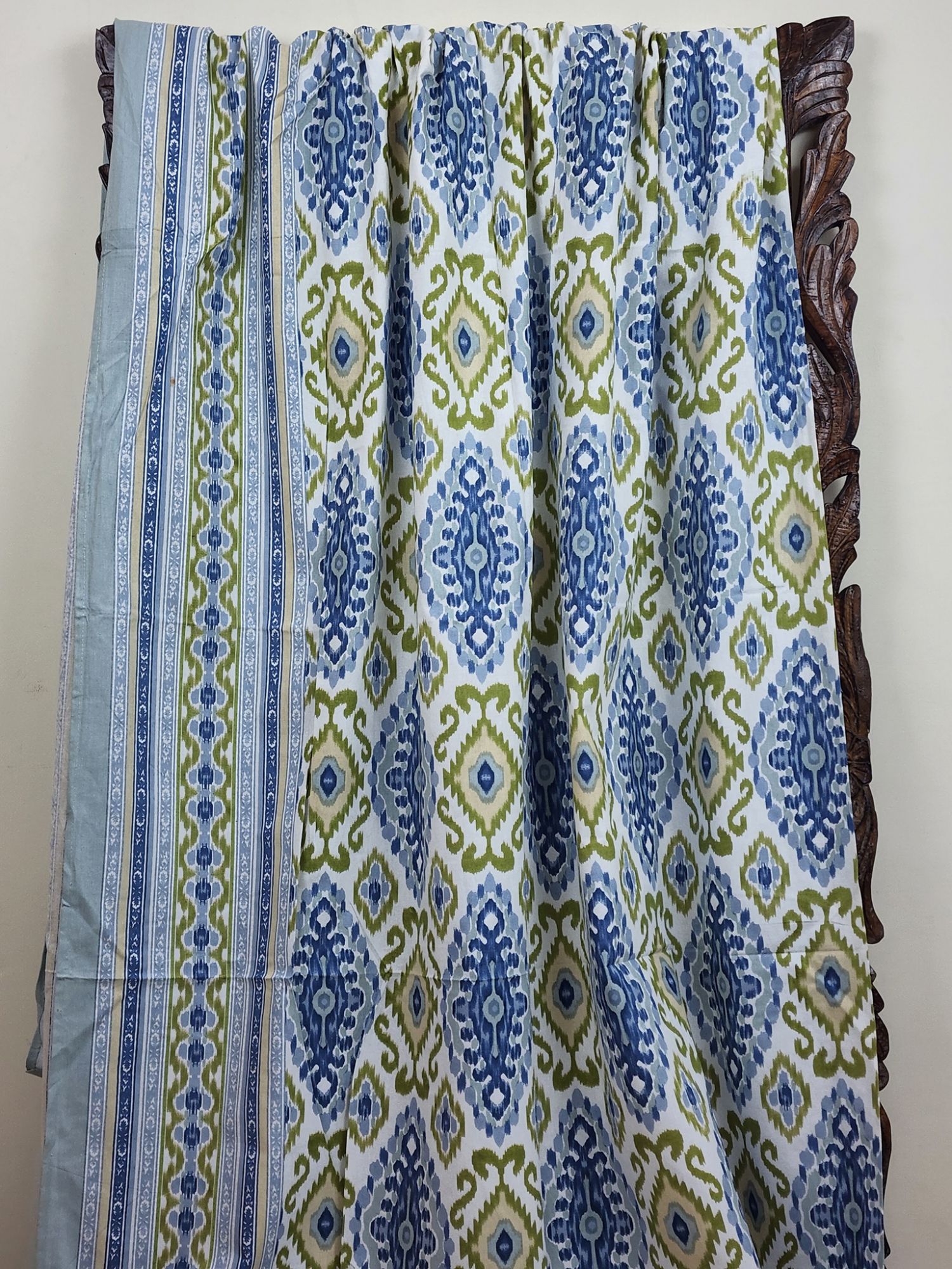 Ikkat Pure Cotton Handmade Artisanal Kingsize Double Bedsheet Moss Green Aegean Blue White