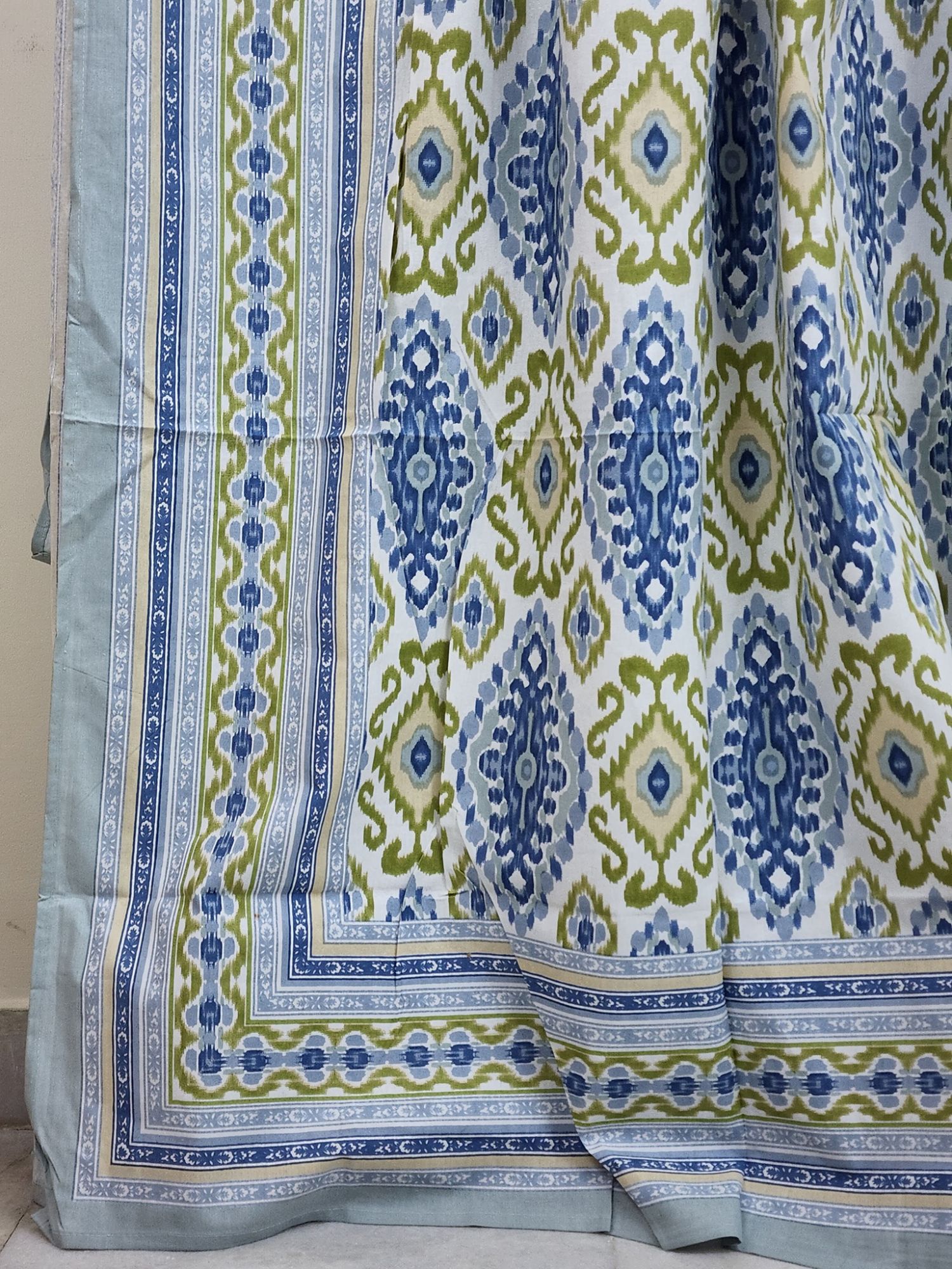 Ikkat Pure Cotton Handmade Artisanal Kingsize Double Bedsheet Moss Green Aegean Blue White