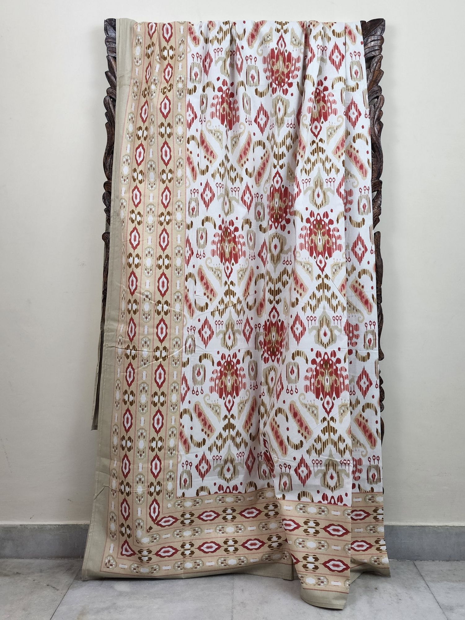Ikkat Pure Cotton Handmade Artisanal Kingsize Double Bedsheet White Light Khaki Garnet Red