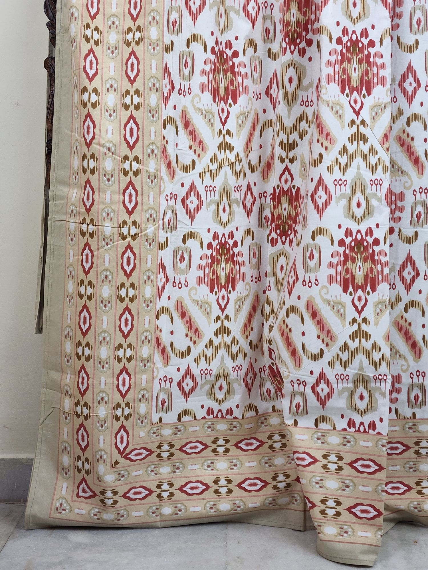 Ikkat Pure Cotton Handmade Artisanal Kingsize Double Bedsheet White Light Khaki Garnet Red