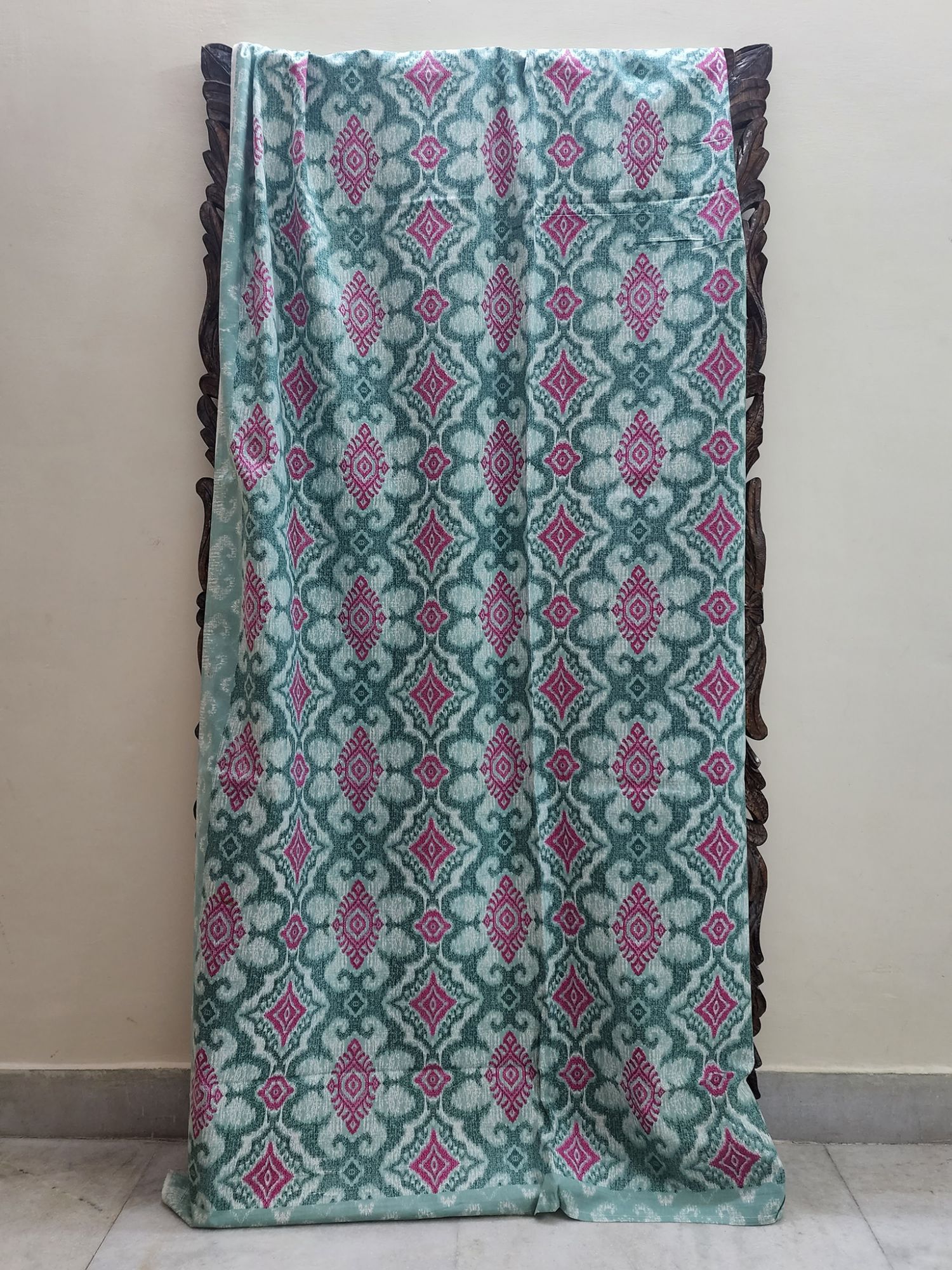 Ikkat Pure Cotton Handmade Artisanal Kingsize Double Bedsheet Deep Magenta Sea Green Turquoise Green Magenta