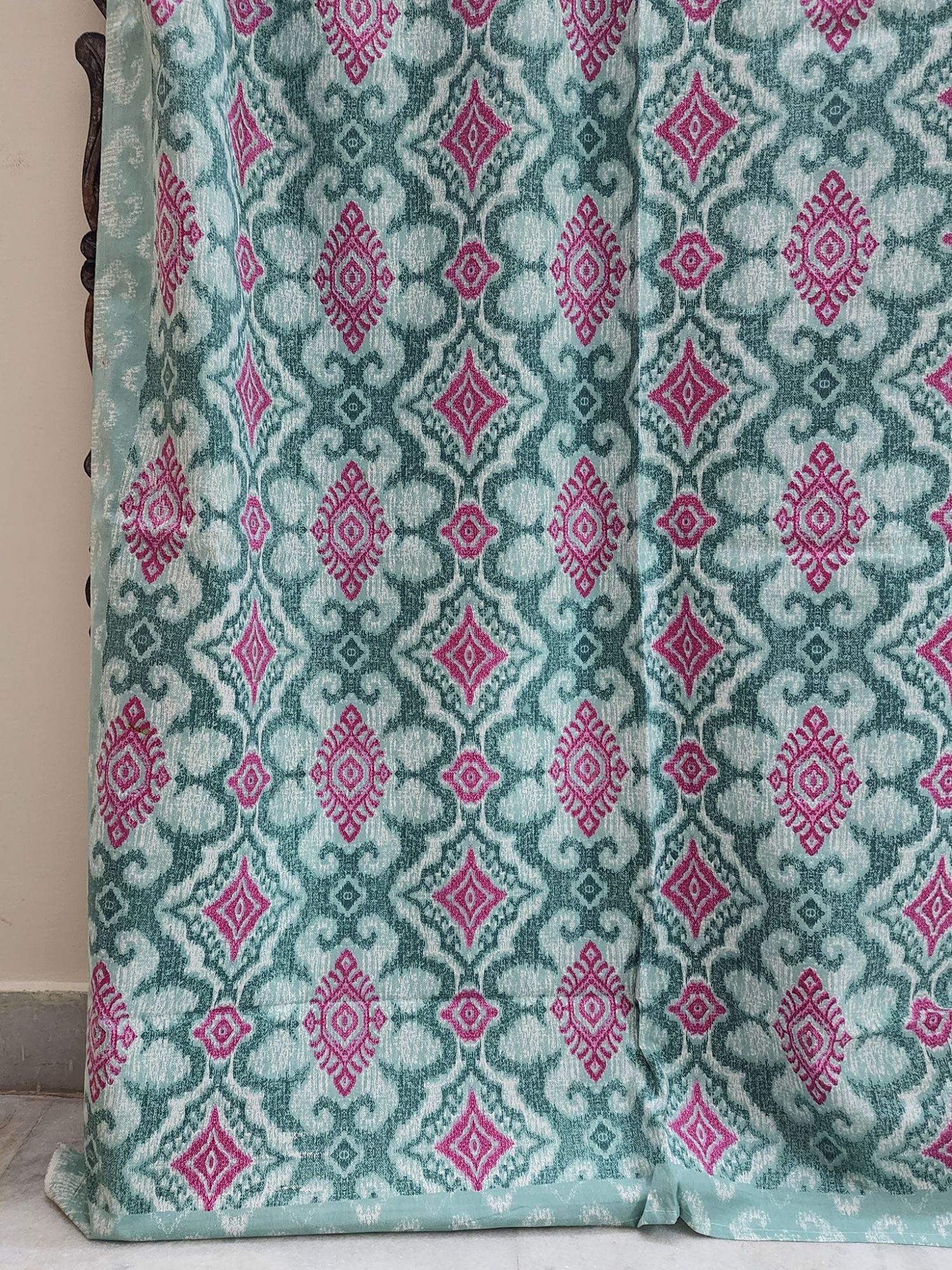 Ikkat Pure Cotton Handmade Artisanal Kingsize Double Bedsheet Deep Magenta Sea Green Turquoise Green Magenta