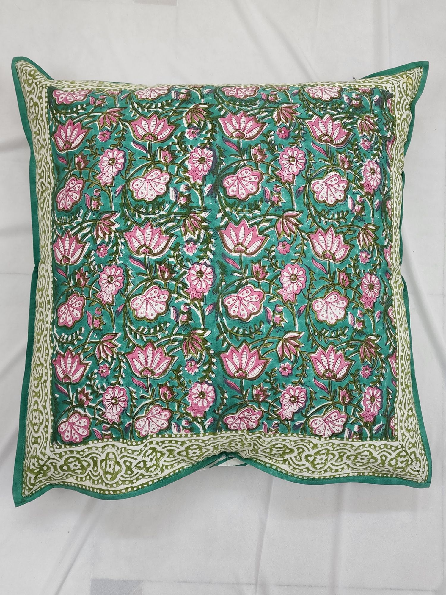 Pahluu Pure Cotton Reversible Hand Block Printed Cushion Cover 24x24 inch Green Pink