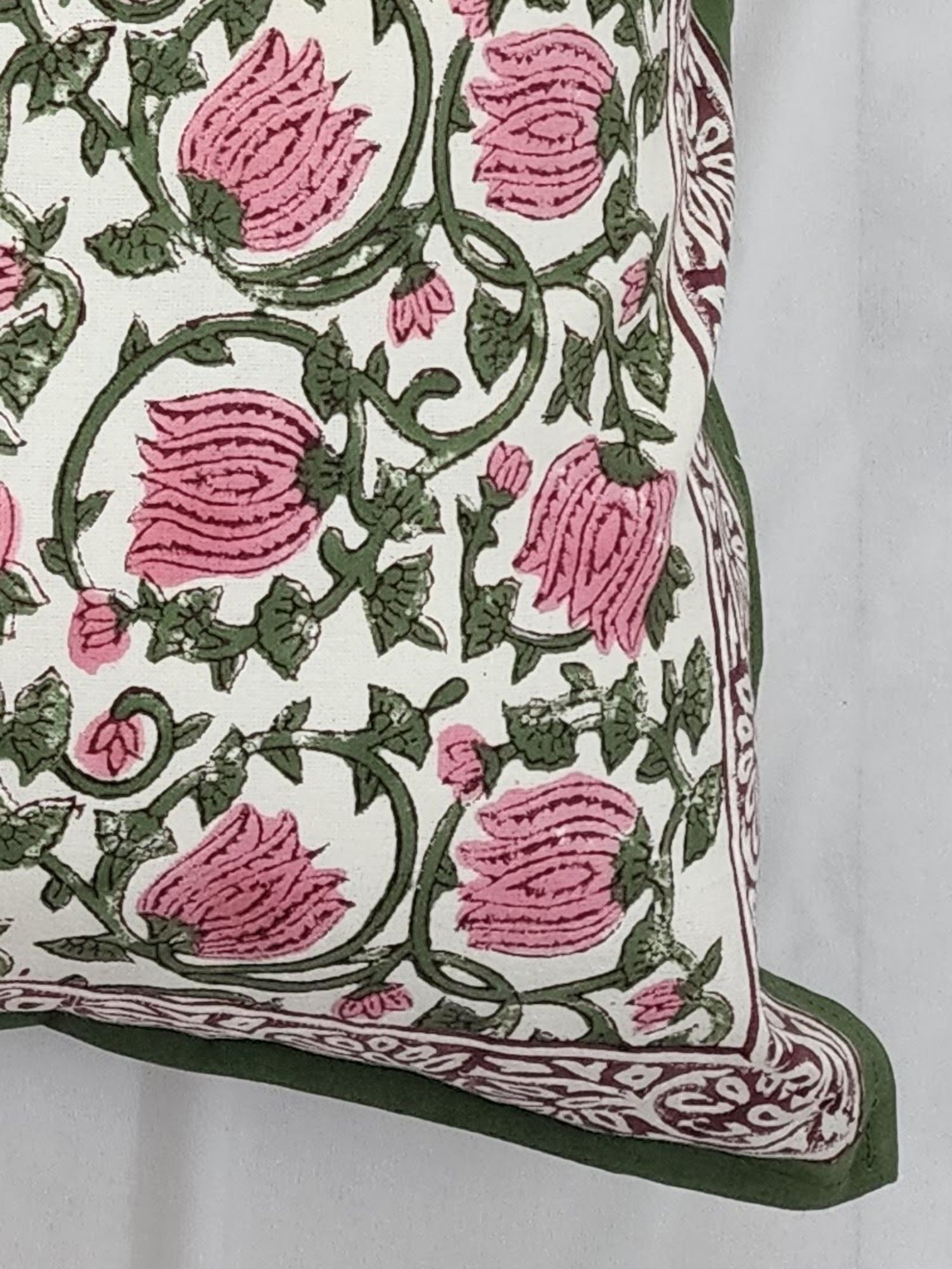 Pahluu Pure Cotton Reversible Hand Block Printed Cushion Cover 24x24 inch Pink Green