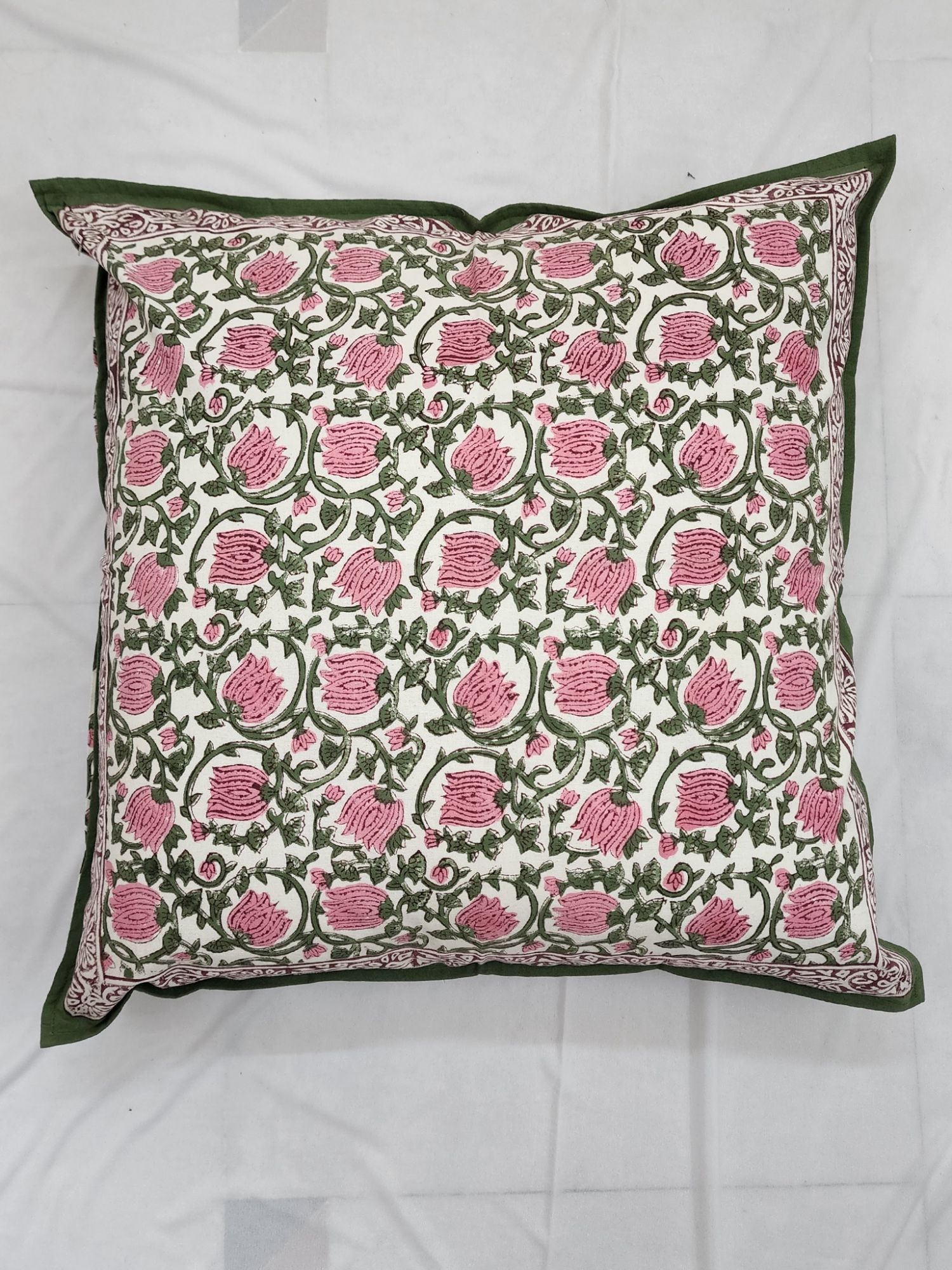 Pahluu Pure Cotton Reversible Hand Block Printed Cushion Cover 24x24 inch Pink Green