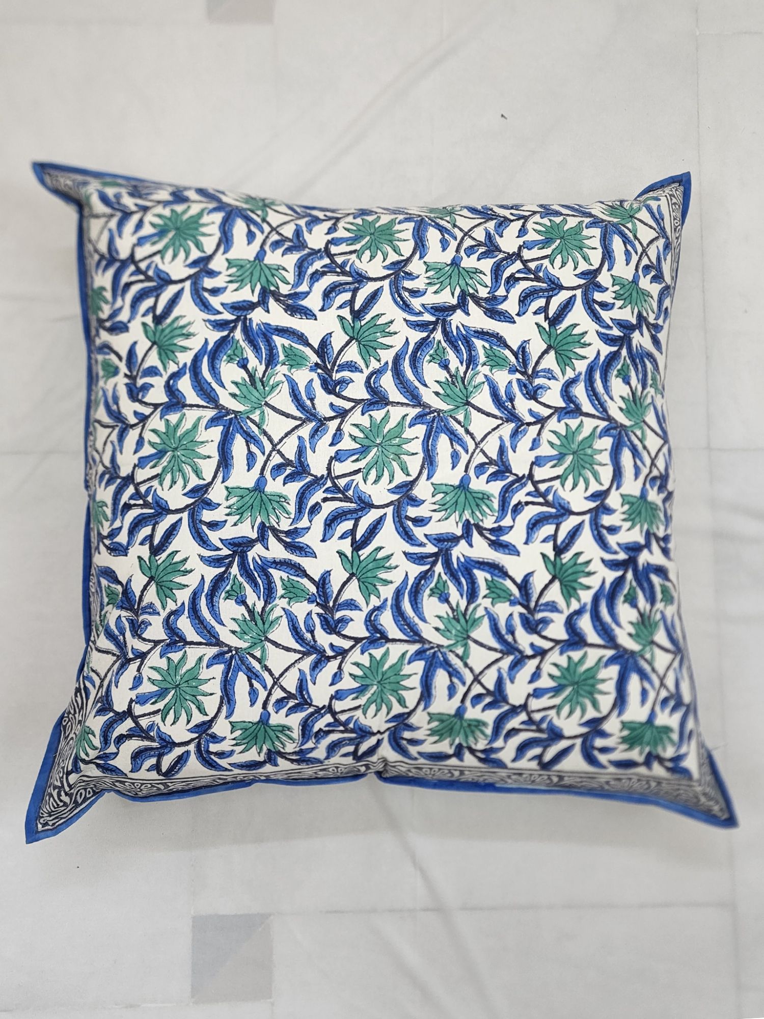 Pahluu Pure Cotton Reversible Hand Block Printed Cushion Cover 24x24 inch Blue Green