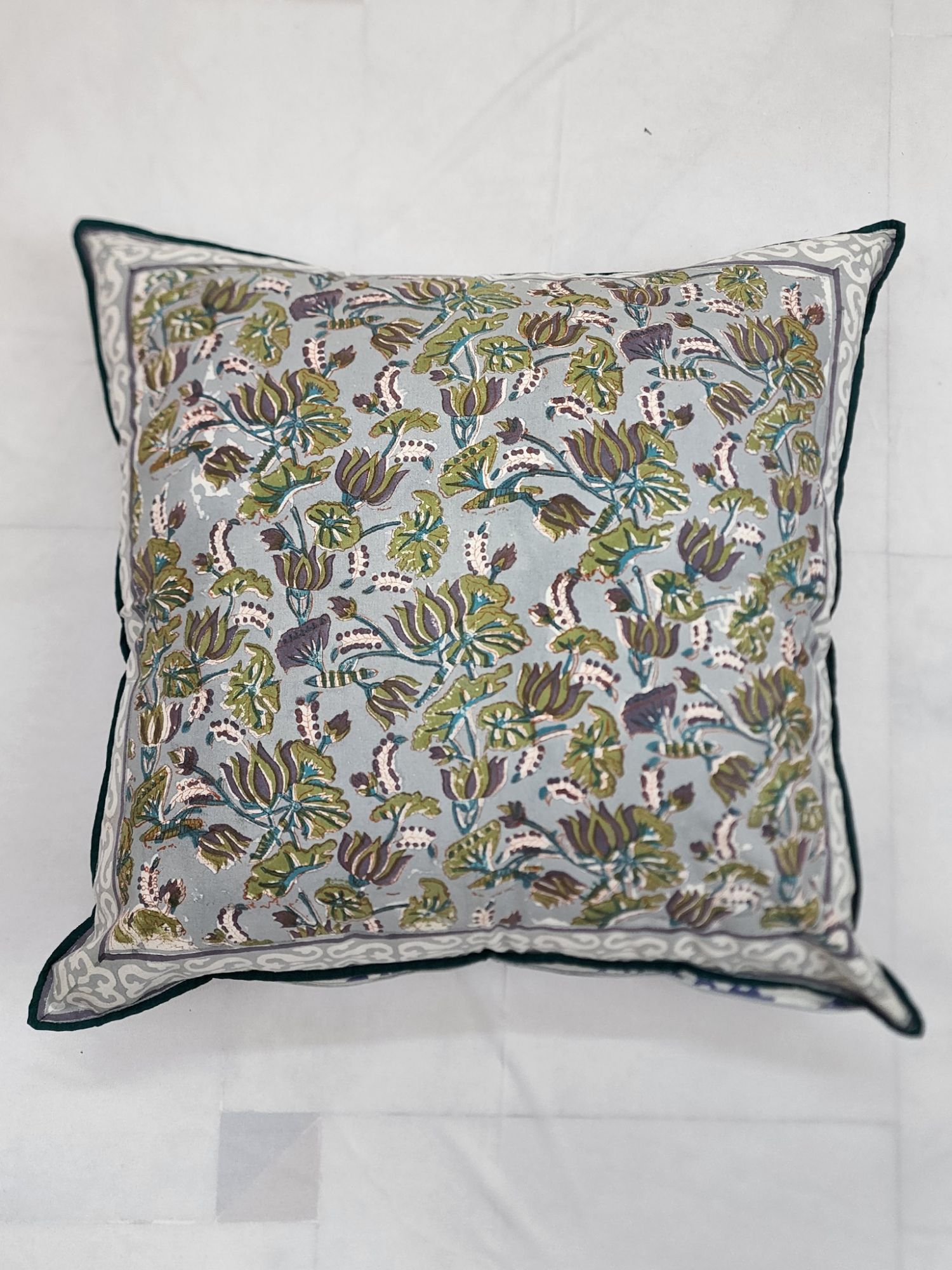 Pahluu Pure Cotton Reversible Hand Block Printed Cushion Cover 24x24 inch Grey