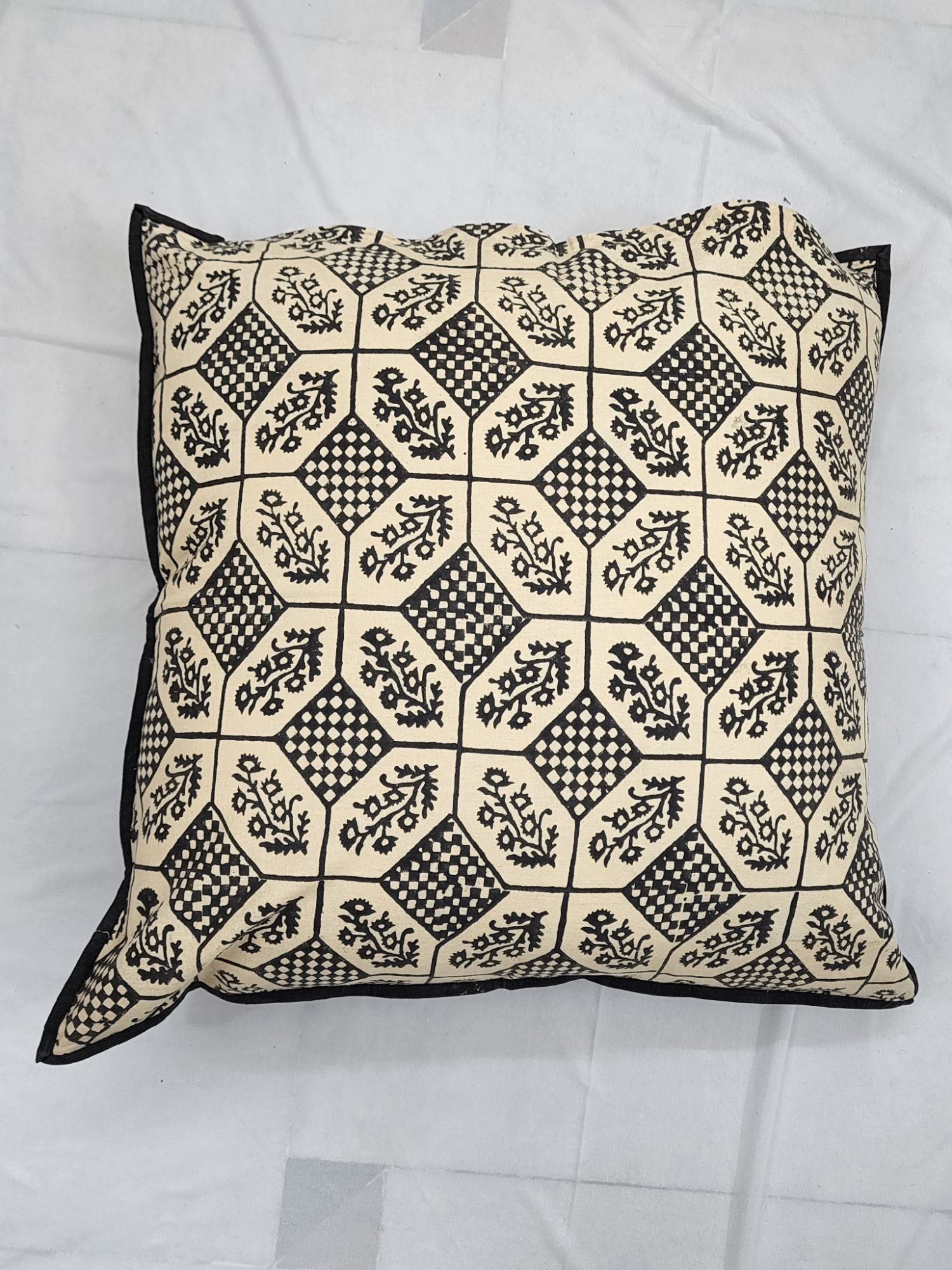 Pahluu Pure Cotton Reversible Hand Block Printed Cushion Cover 24x24 inch Black Cream