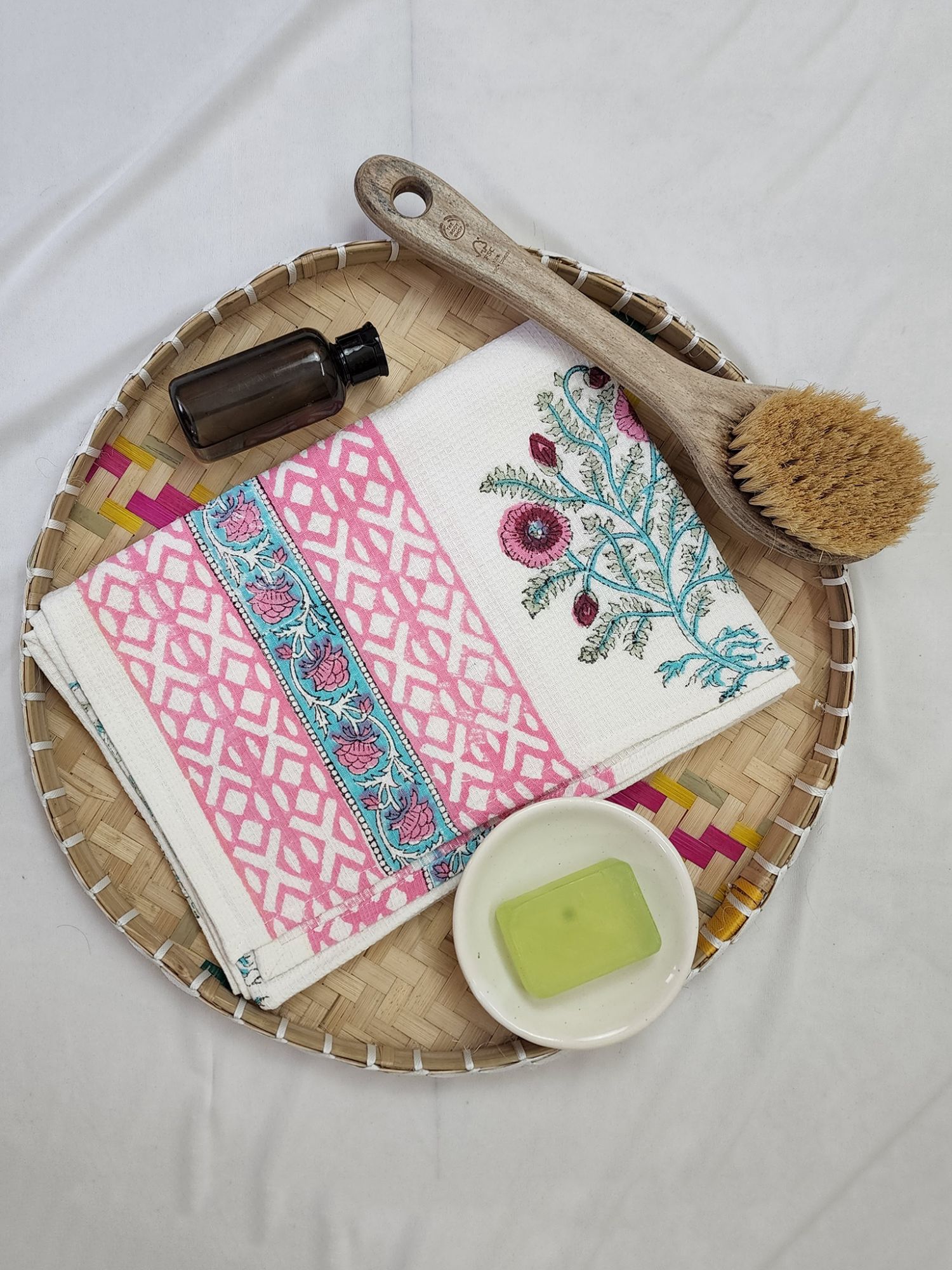 Biyoku Pure Cotton Hand Block Printed Bath Towel Pink Blue Bahar