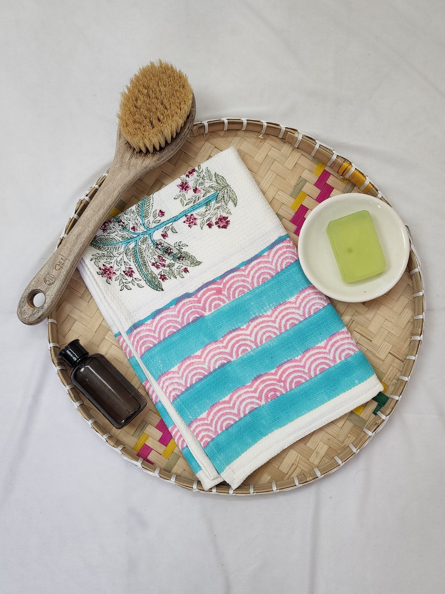 Biyoku Pure Cotton Hand Block Printed Bath Towel Electric Blue Pink Nariyal