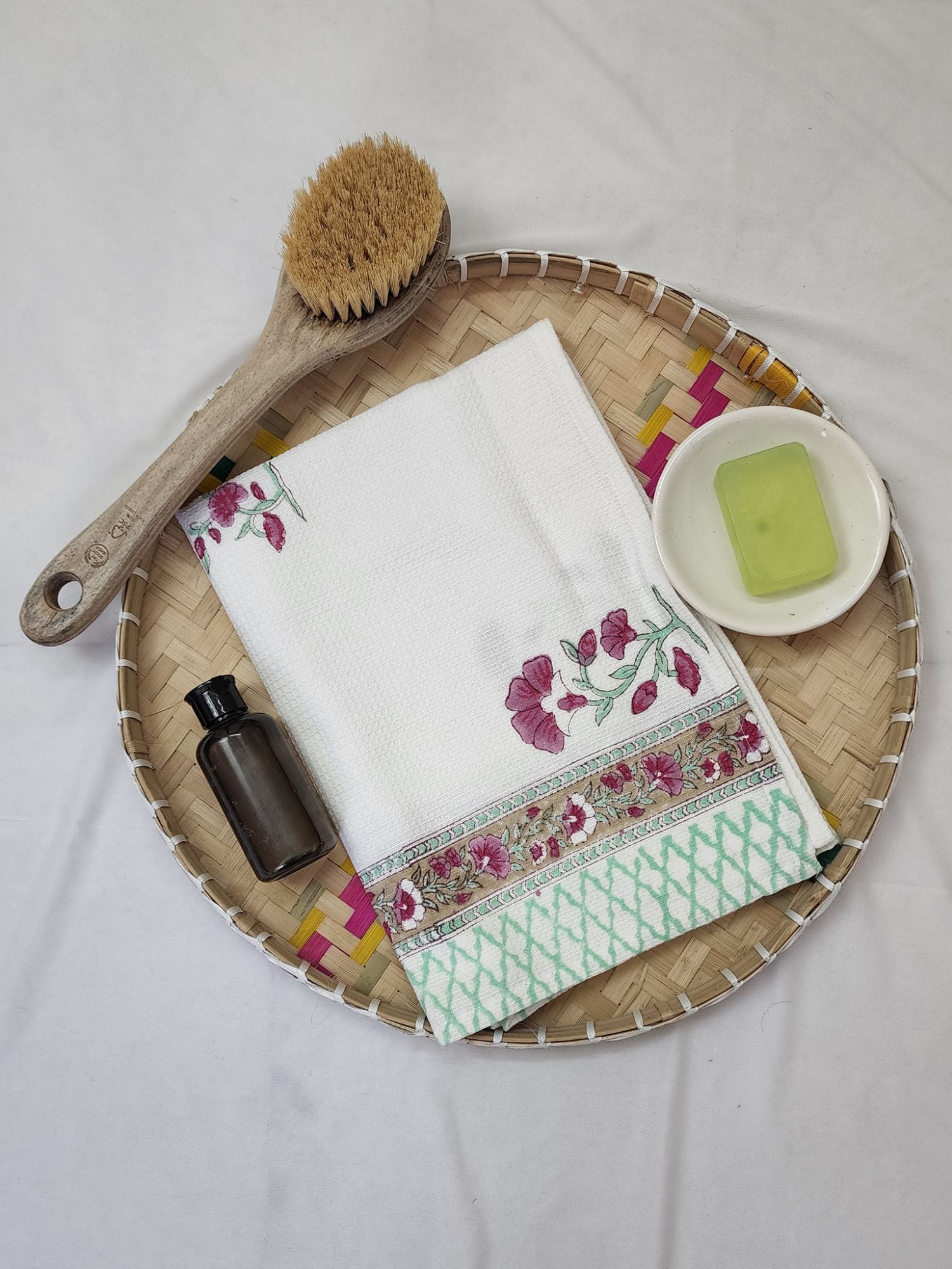 Biyoku Pure Cotton Hand Block Printed Bath Towel Cerise Pink Green Ferdaus