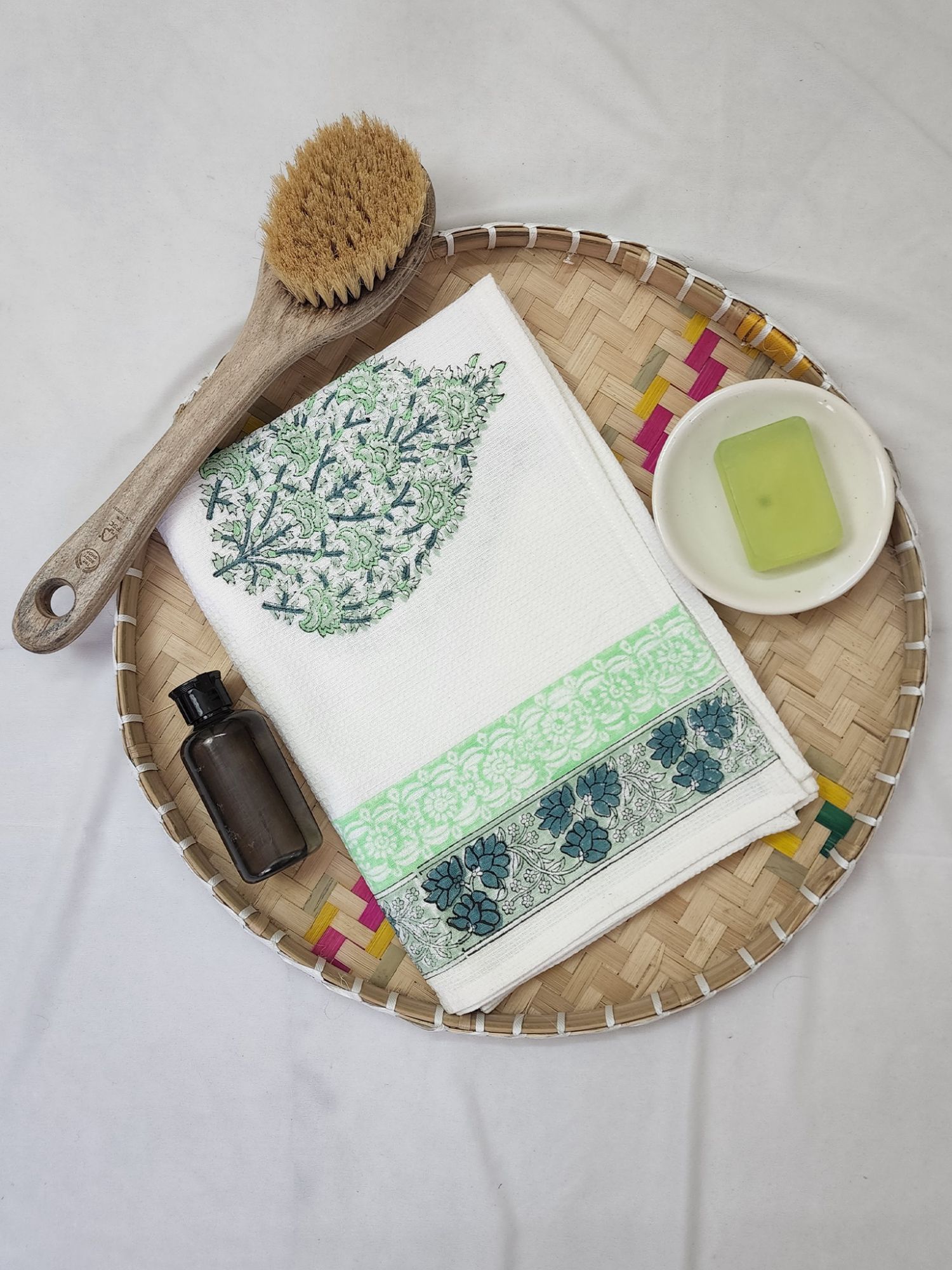 Biyoku Pure Cotton Hand Block Printed Bath Towel Blue Green Nyla