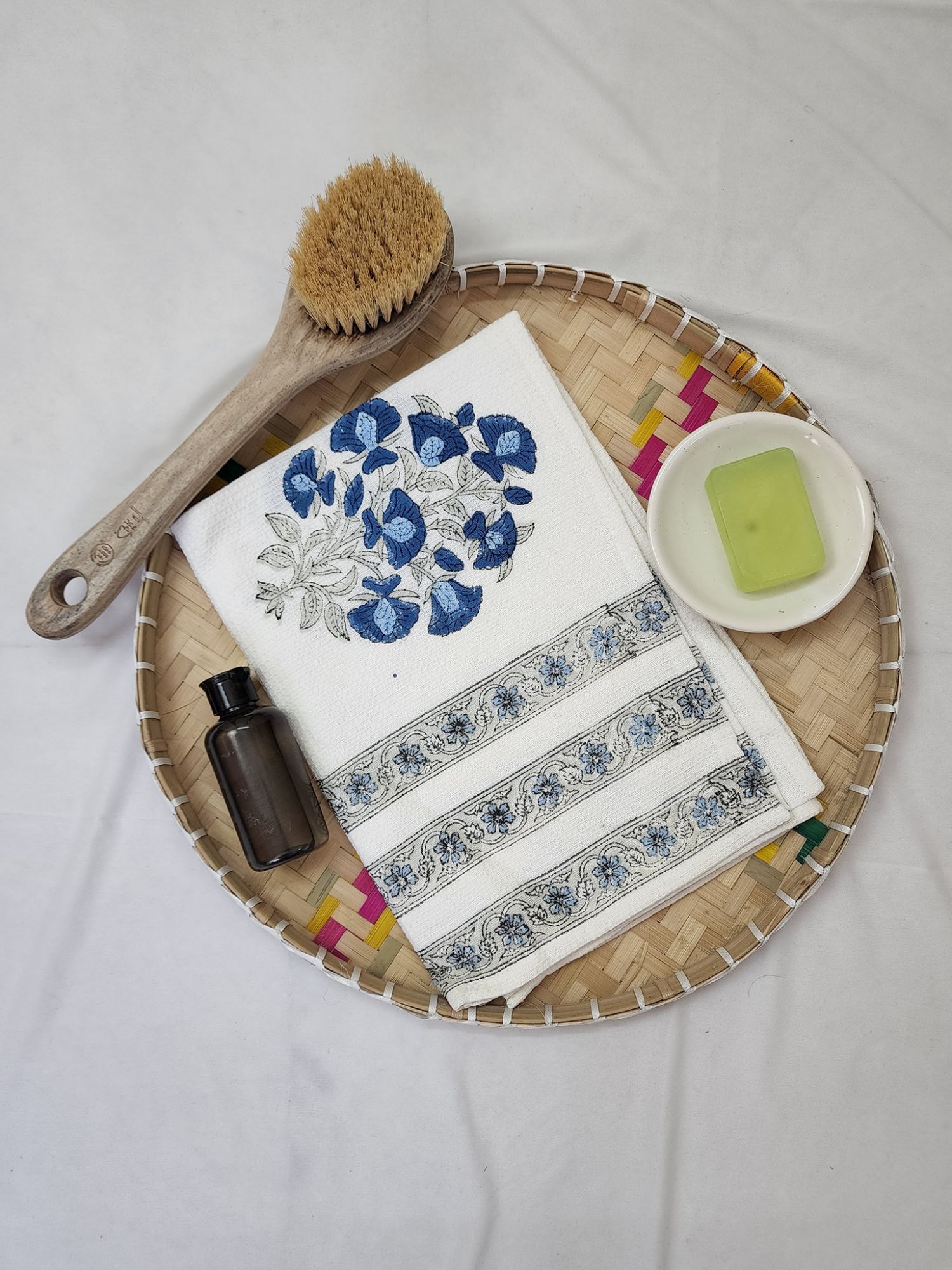 Biyoku Pure Cotton Hand Block Printed Bath Towel Blue Grey Guldasta