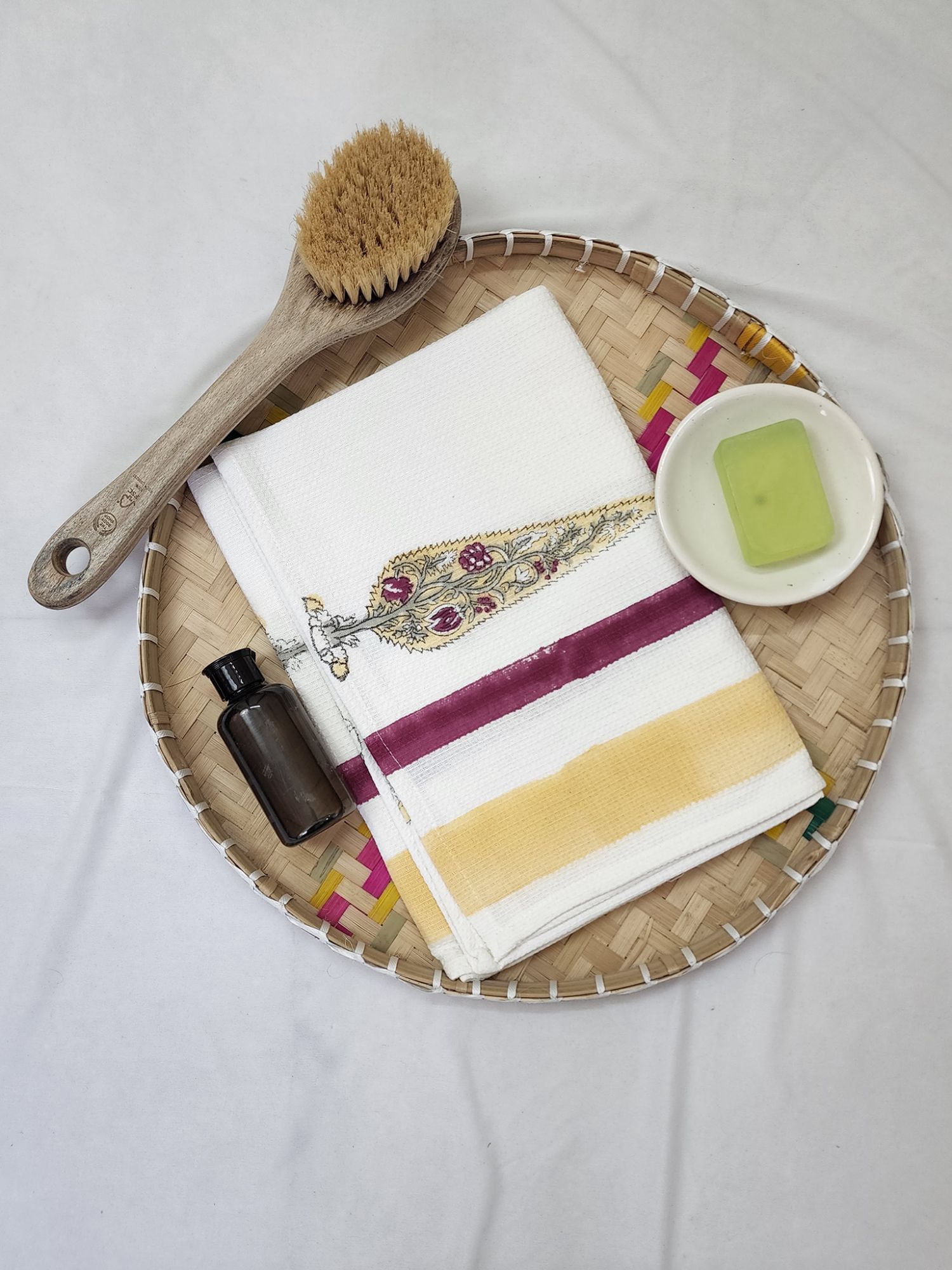 Biyoku Pure Cotton Hand Block Printed Bath Towel Red Yellow Cypress