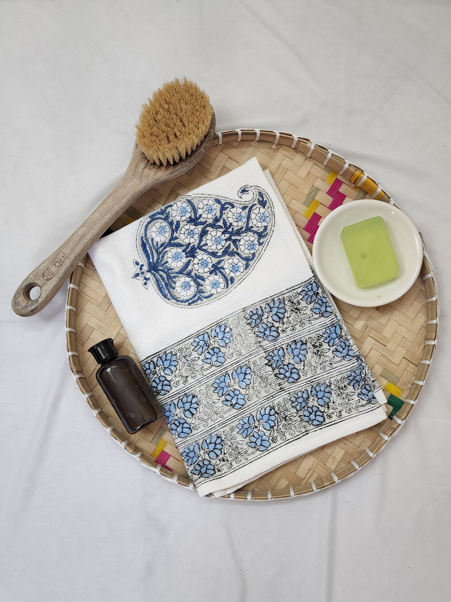 Biyoku Pure Cotton Hand Block Printed Bath Towel Blue Grey Floral Paisley