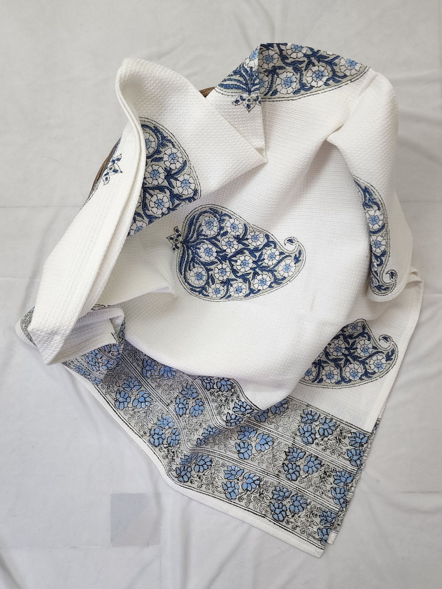 Biyoku Pure Cotton Hand Block Printed Bath Towel Blue Grey Floral Paisley