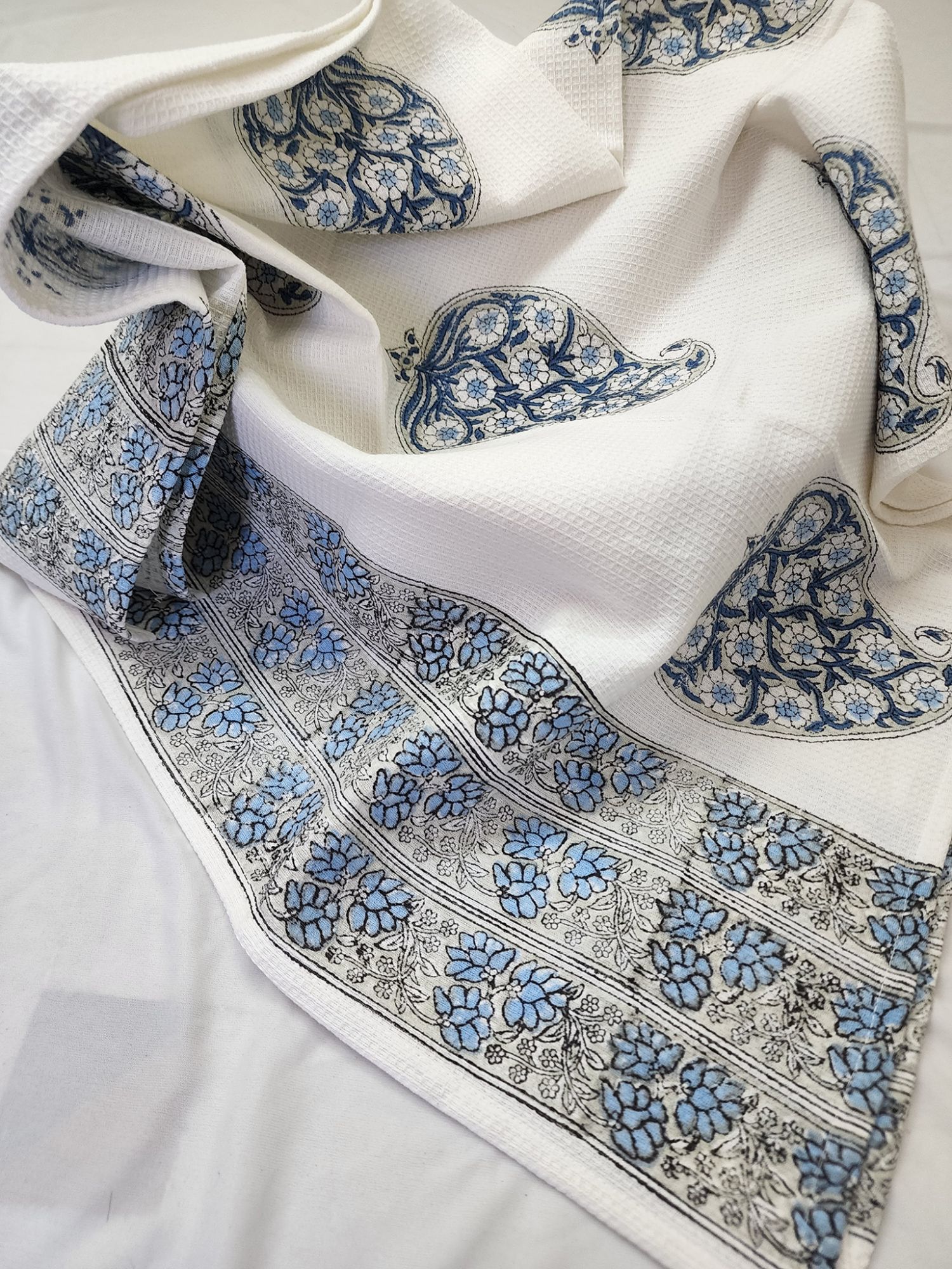 Biyoku Pure Cotton Hand Block Printed Bath Towel Blue Grey Floral Paisley