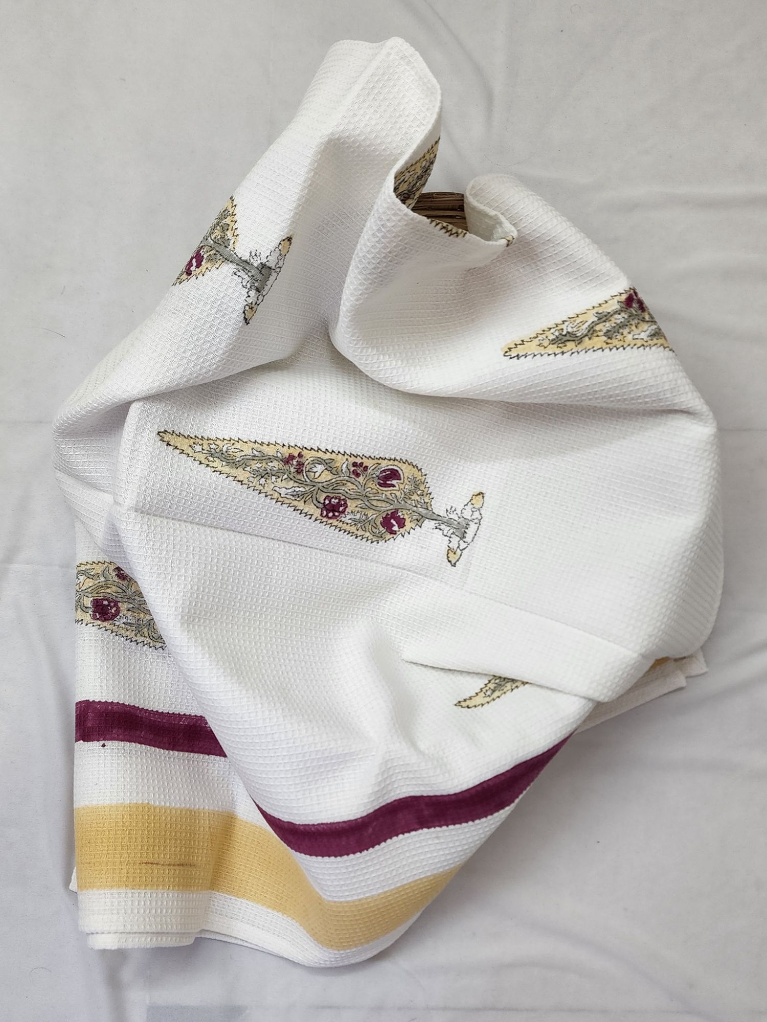 Biyoku Pure Cotton Hand Block Printed Bath Towel Red Yellow Cypress