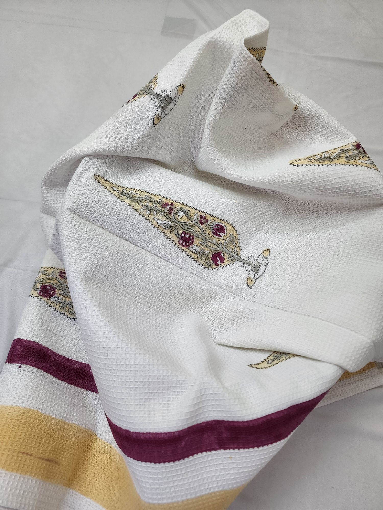 Biyoku Pure Cotton Hand Block Printed Bath Towel Red Yellow Cypress