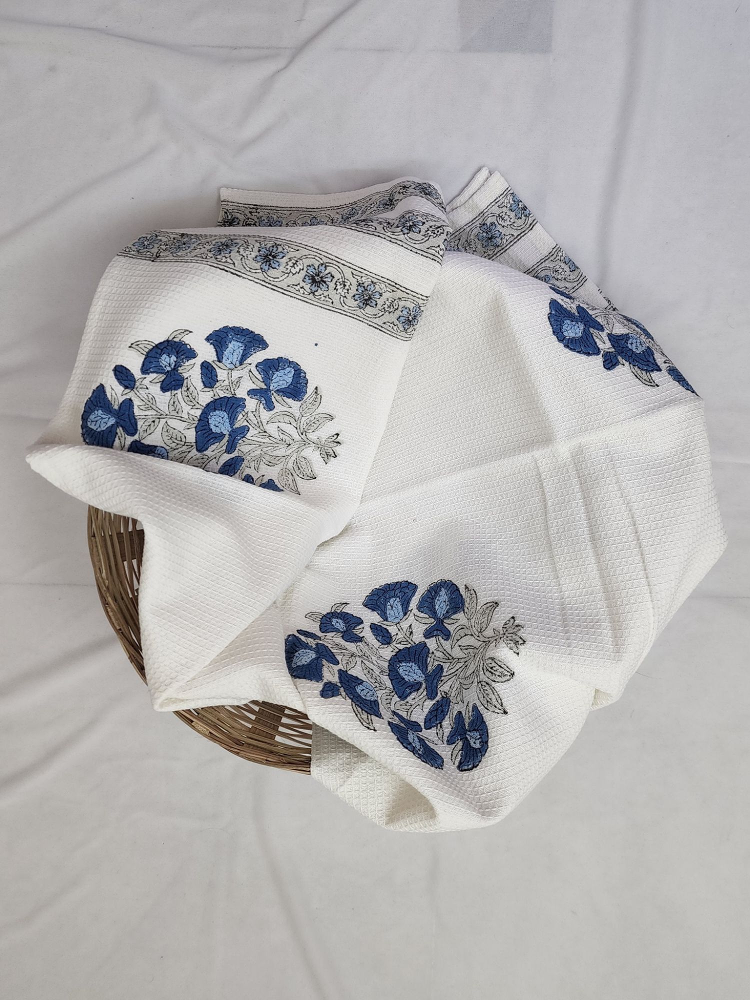 Biyoku Pure Cotton Hand Block Printed Bath Towel Blue Grey Guldasta