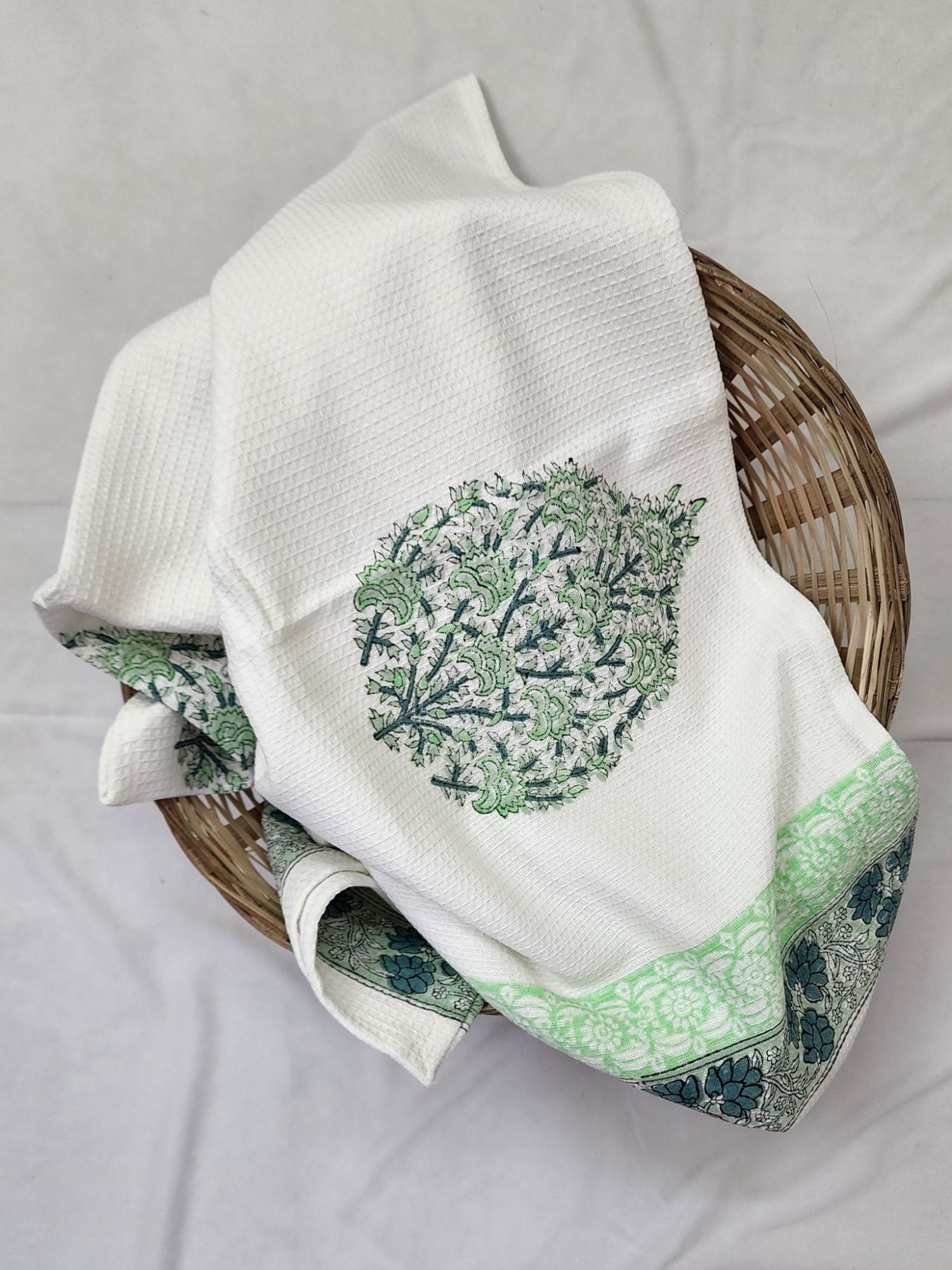 Biyoku Pure Cotton Hand Block Printed Bath Towel Blue Green Nyla