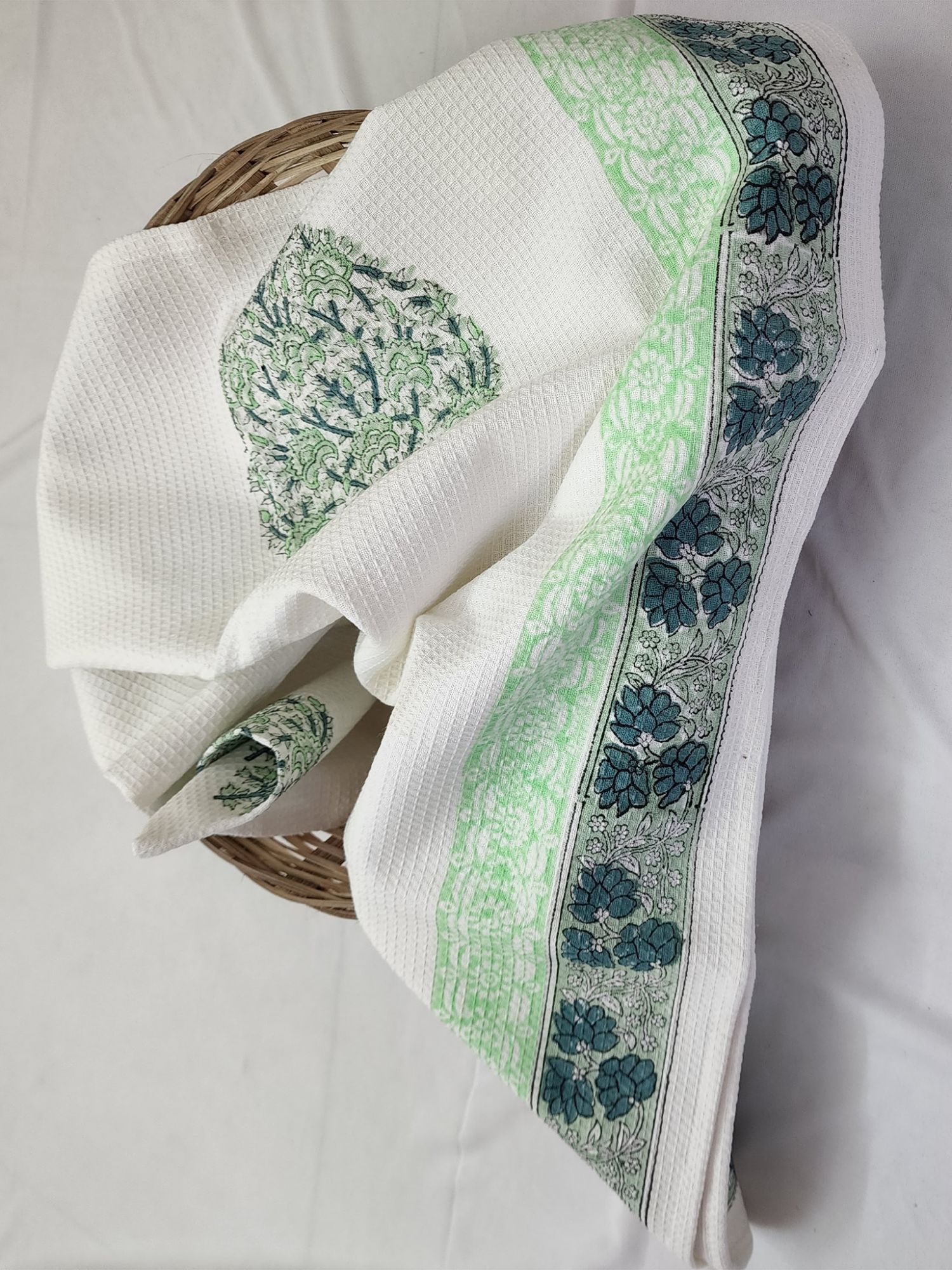 Biyoku Pure Cotton Hand Block Printed Bath Towel Blue Green Nyla