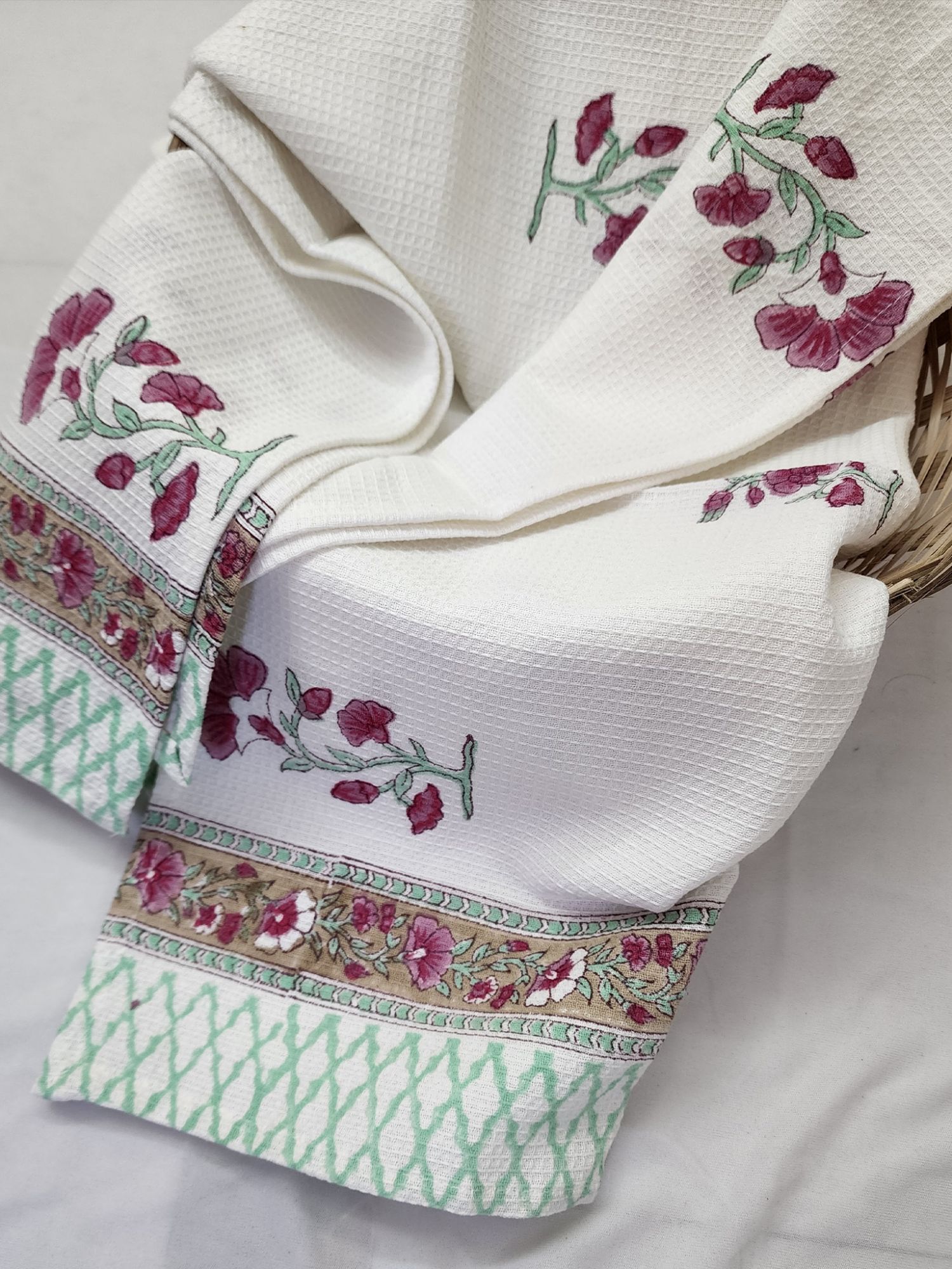 Biyoku Pure Cotton Hand Block Printed Bath Towel Cerise Pink Green Ferdaus