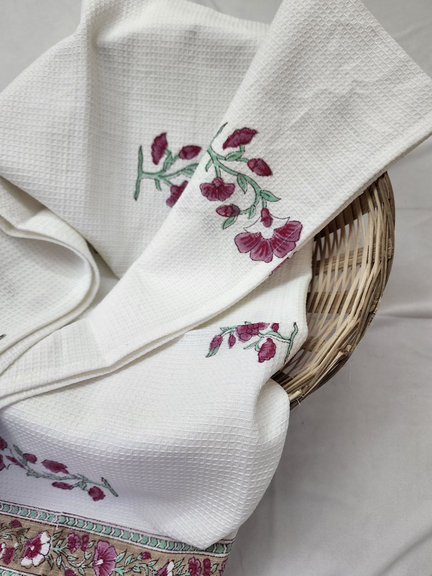 Biyoku Pure Cotton Hand Block Printed Bath Towel Cerise Pink Green Ferdaus