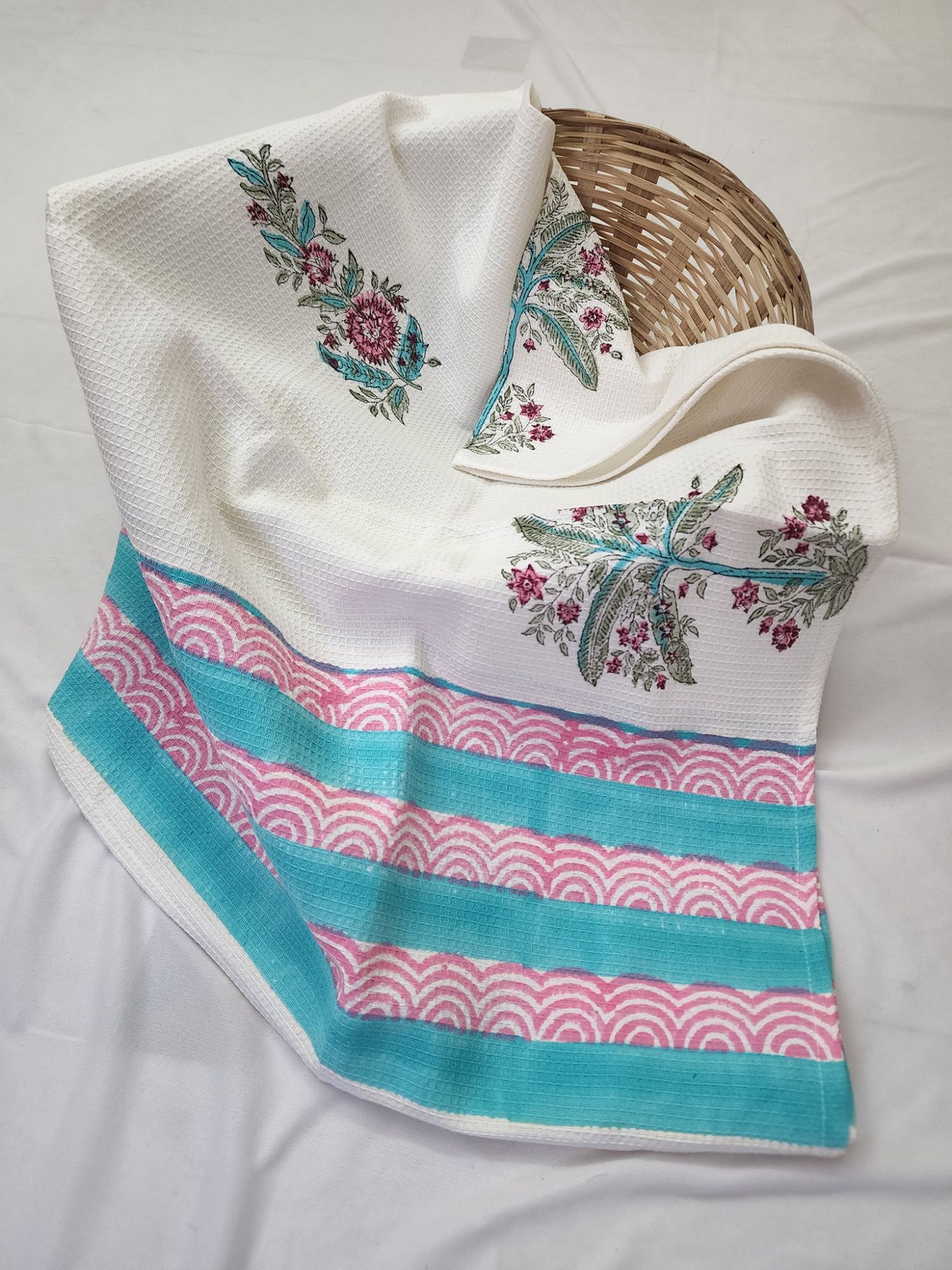 Biyoku Pure Cotton Hand Block Printed Bath Towel Electric Blue Pink Nariyal