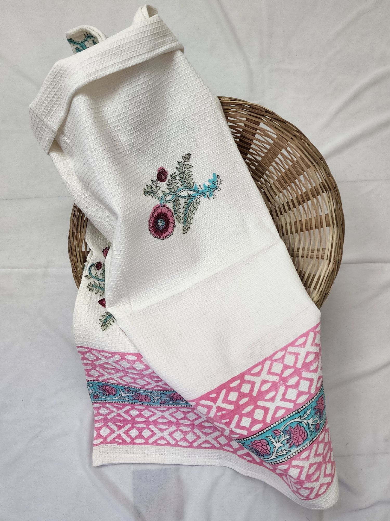 Biyoku Pure Cotton Hand Block Printed Bath Towel Pink Blue Bahar