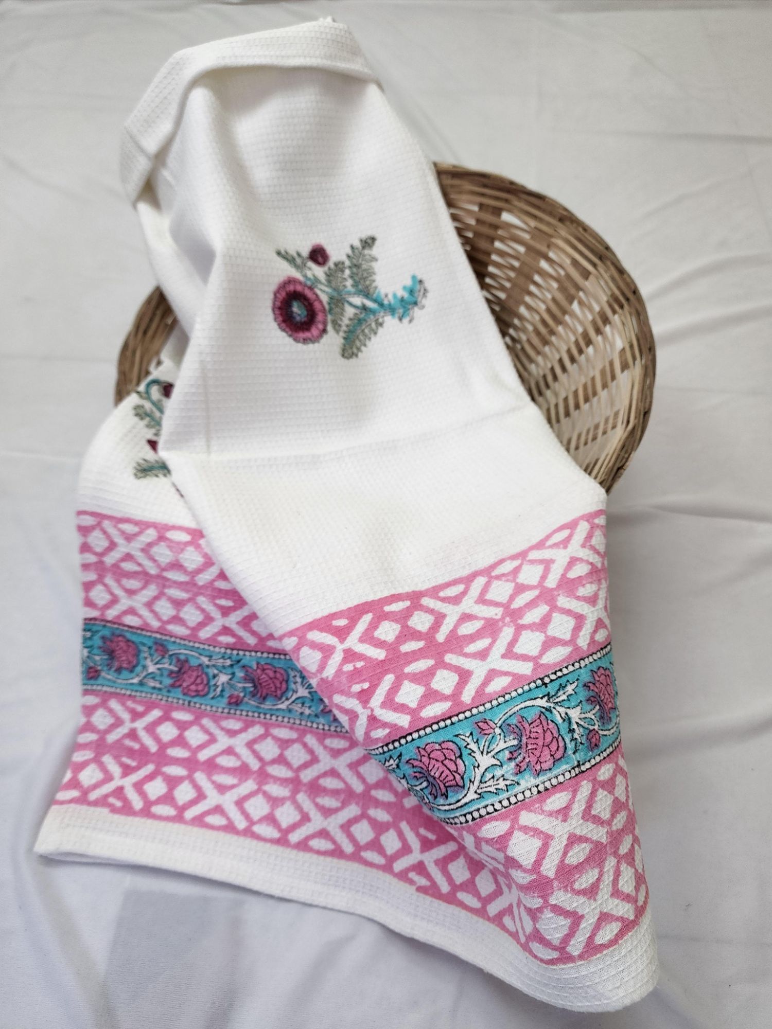 Biyoku Pure Cotton Hand Block Printed Bath Towel Pink Blue Bahar