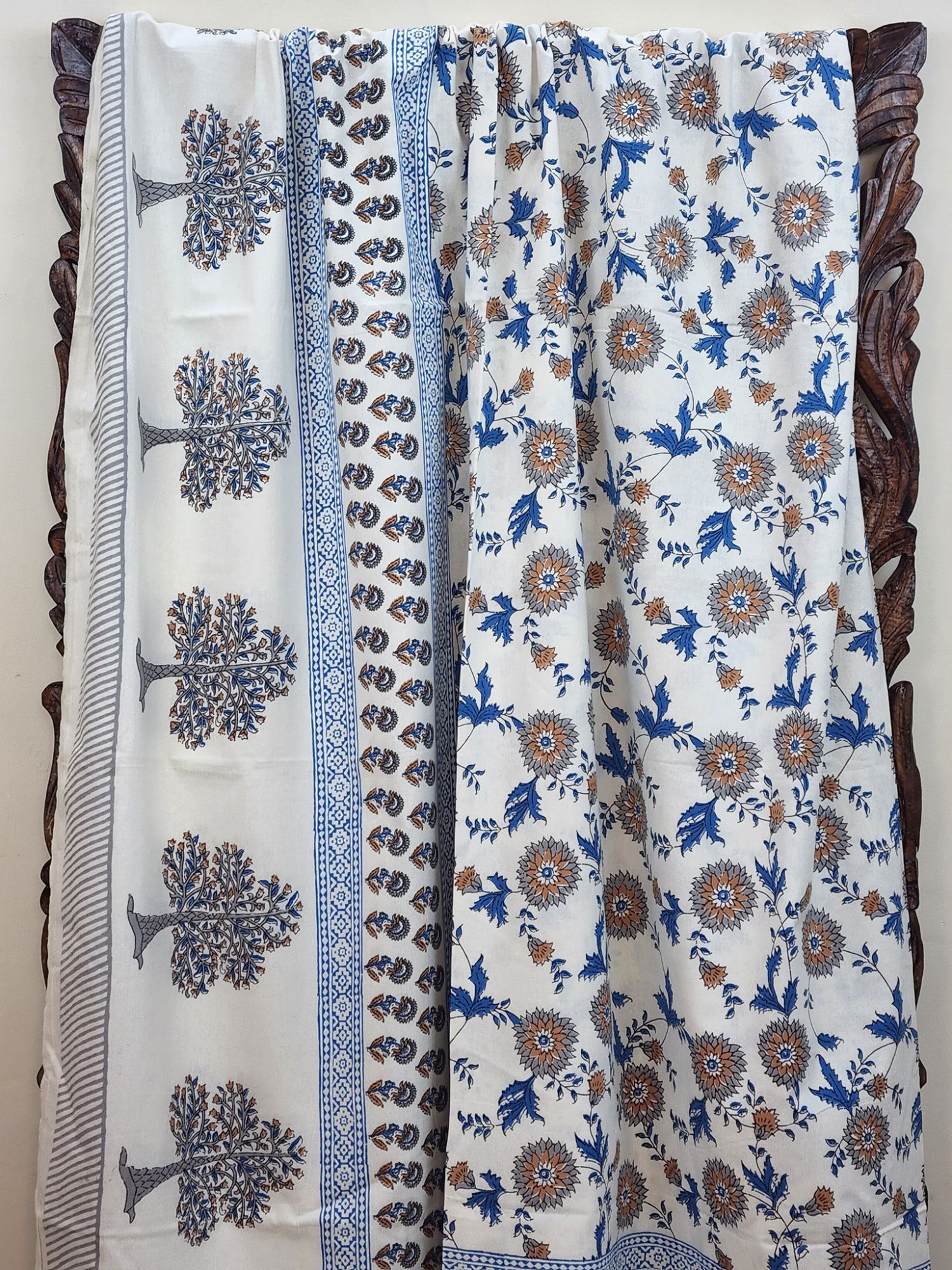 Nidra Pure Cotton Handmade Artisanal Kingsize Double Bedsheet Tree Motif Grey