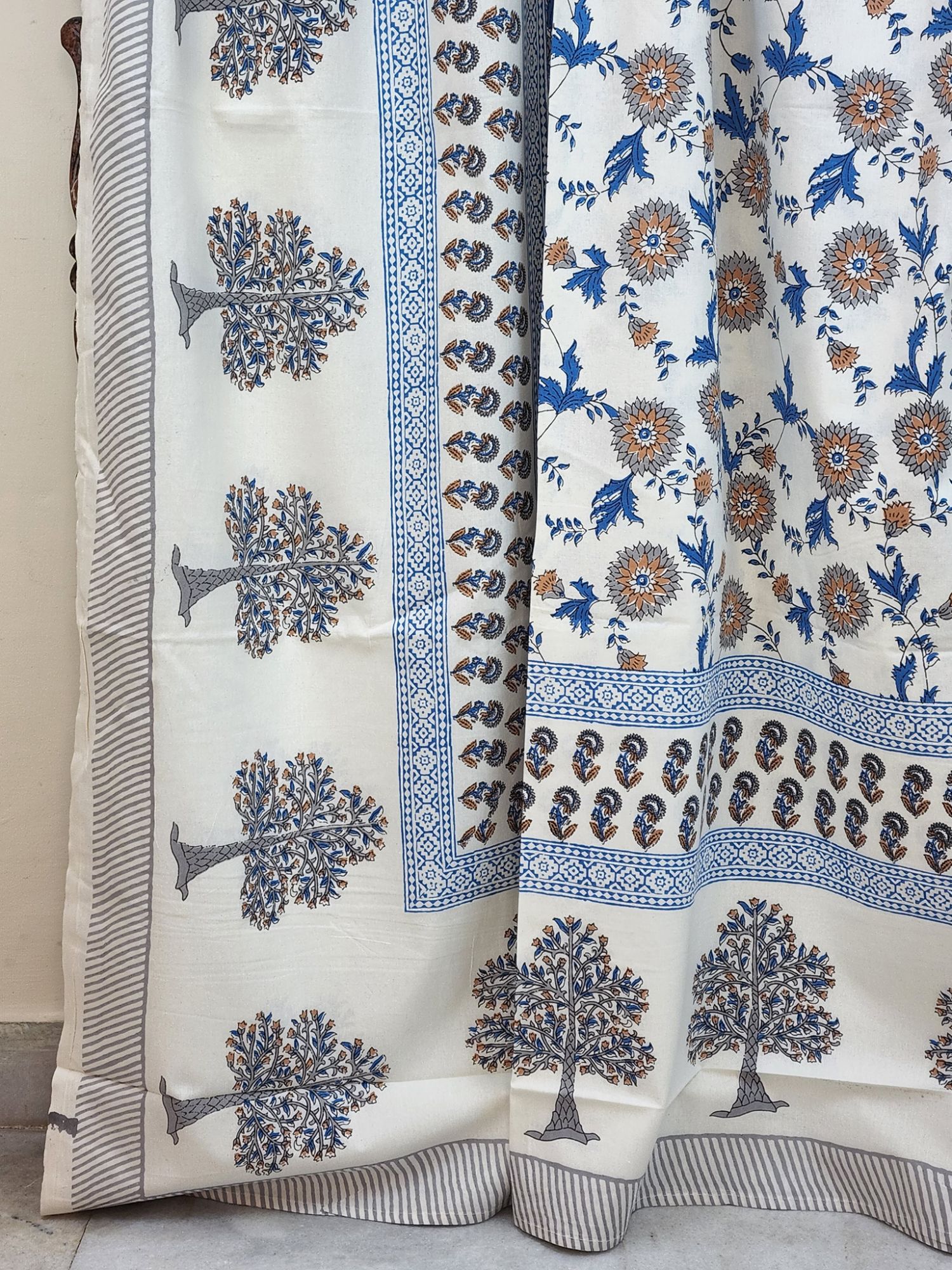 Nidra Pure Cotton Handmade Artisanal Kingsize Double Bedsheet Tree Motif Grey
