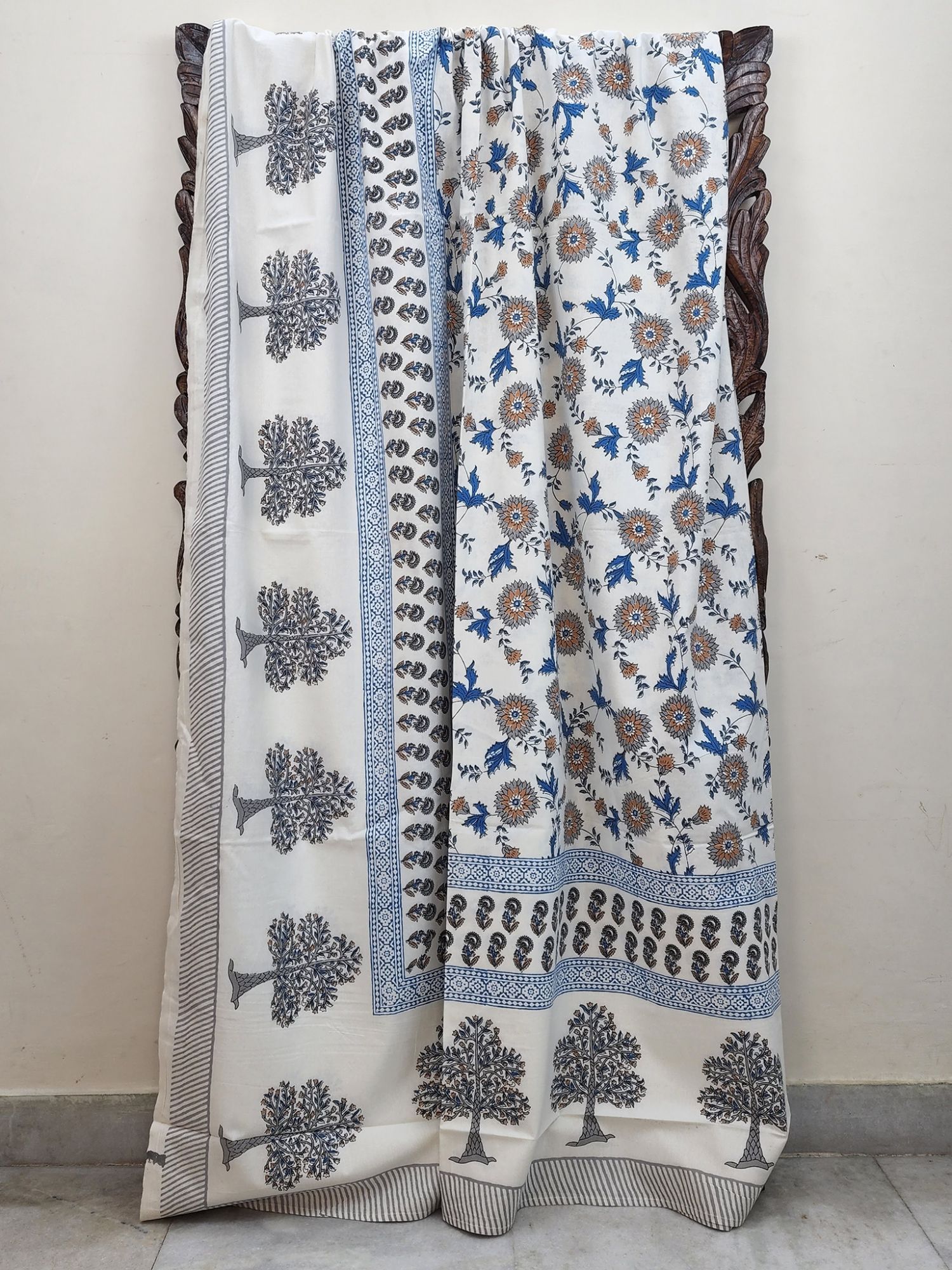 Nidra Pure Cotton Handmade Artisanal Kingsize Double Bedsheet Tree Motif Grey