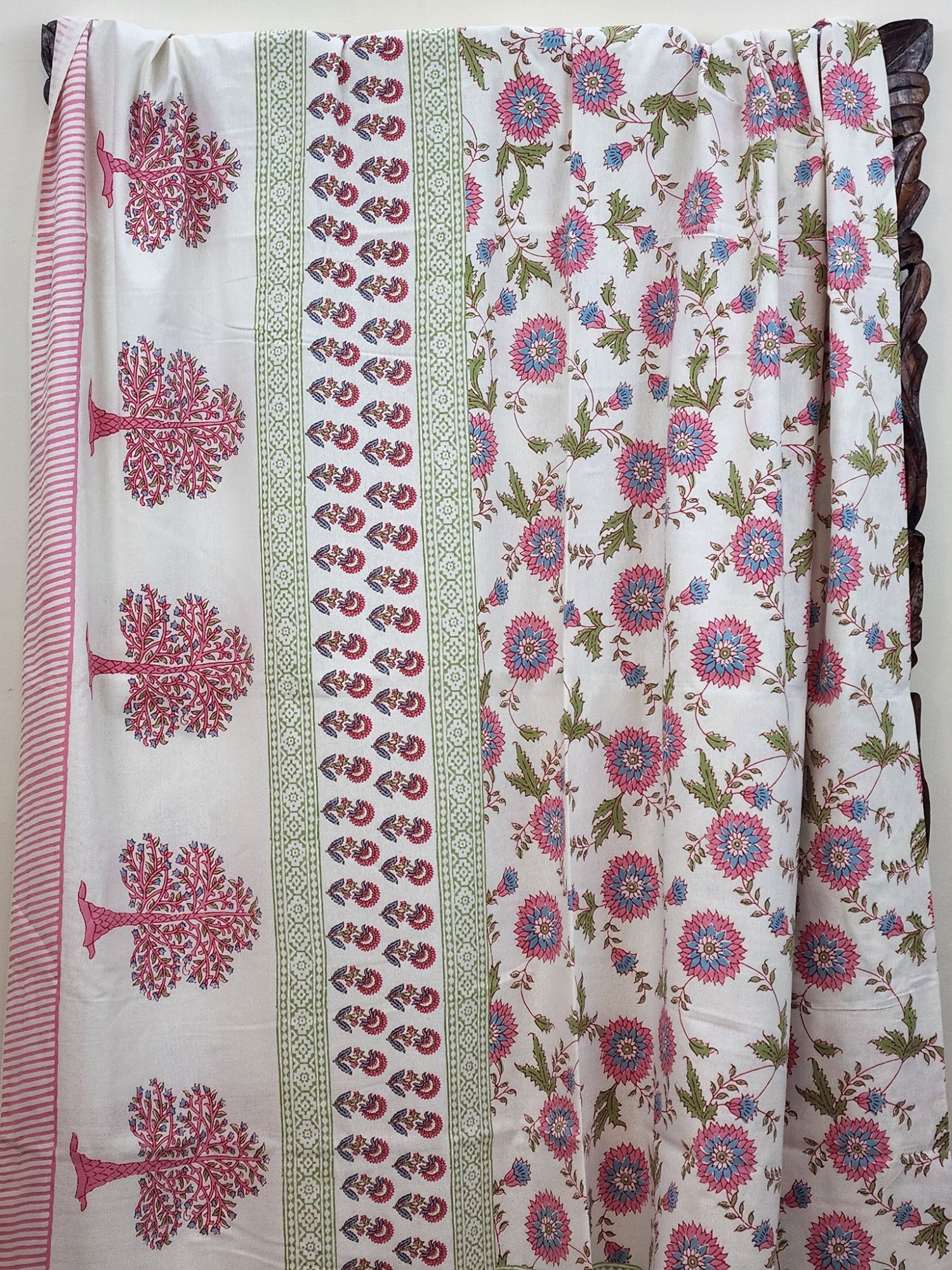 Nidra Pure Cotton Handmade Artisanal Kingsize Double Bedsheet Tree Motif Pink