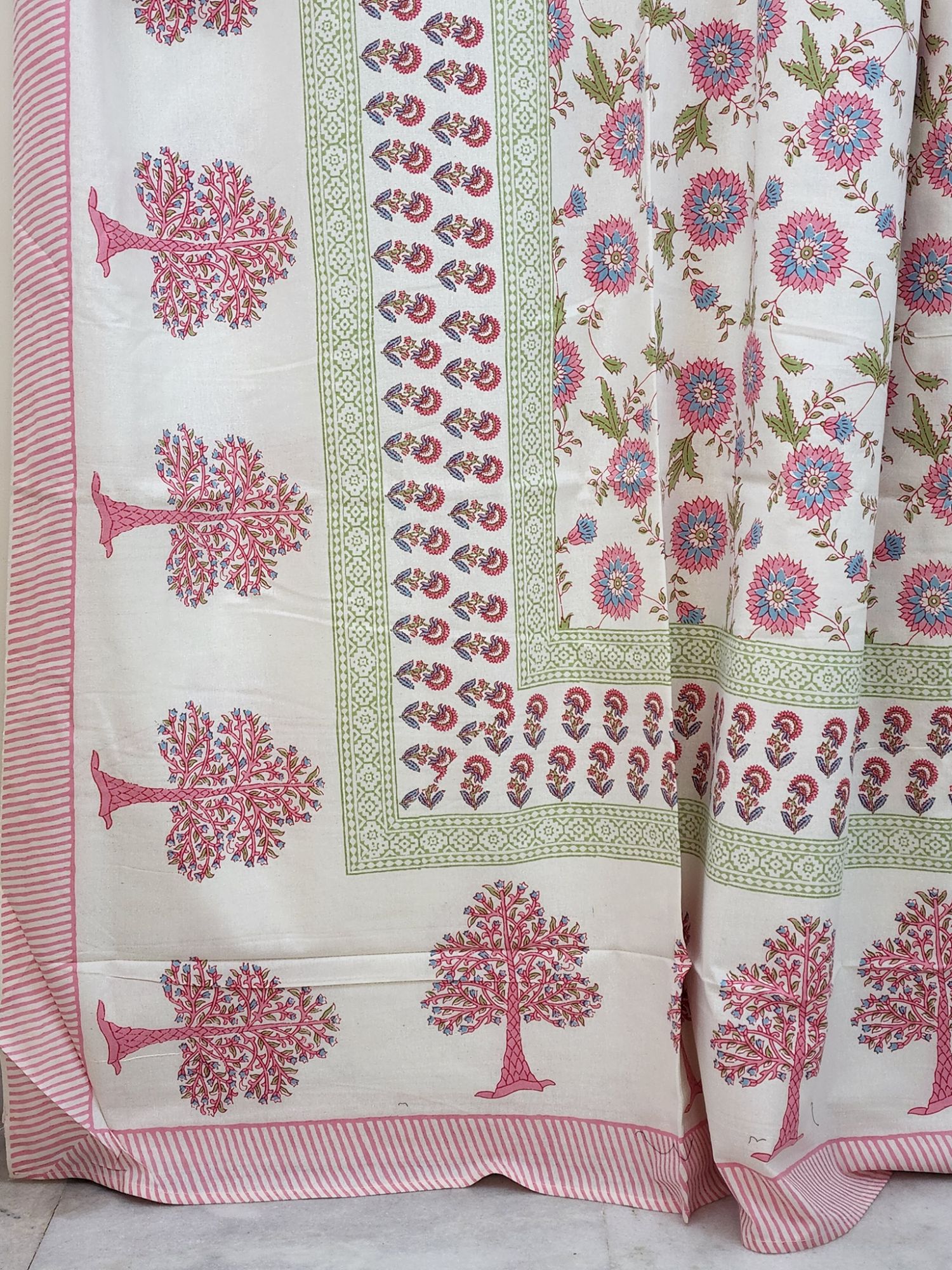 Nidra Pure Cotton Handmade Artisanal Kingsize Double Bedsheet Tree Motif Pink