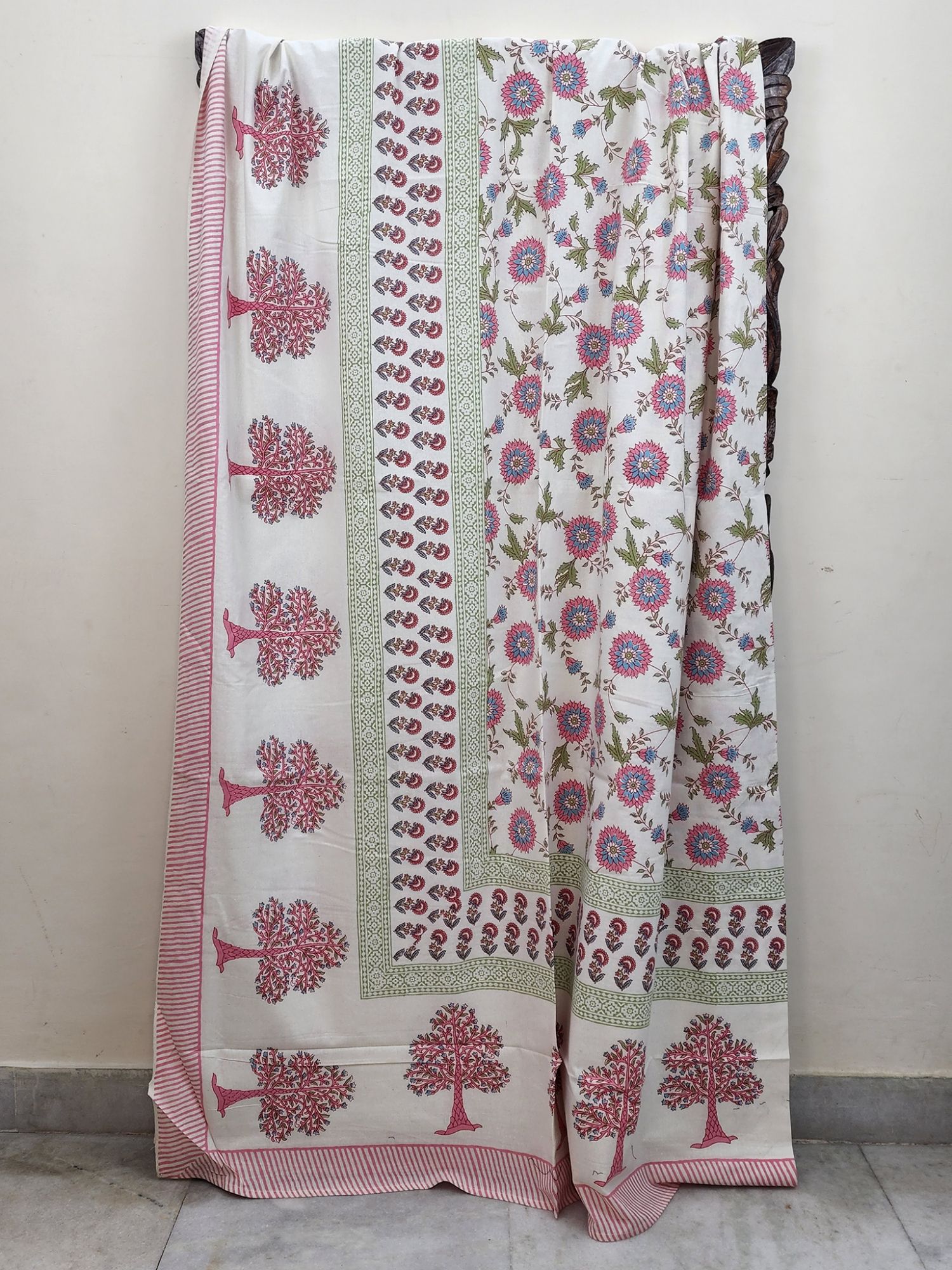 Nidra Pure Cotton Handmade Artisanal Kingsize Double Bedsheet Tree Motif Pink