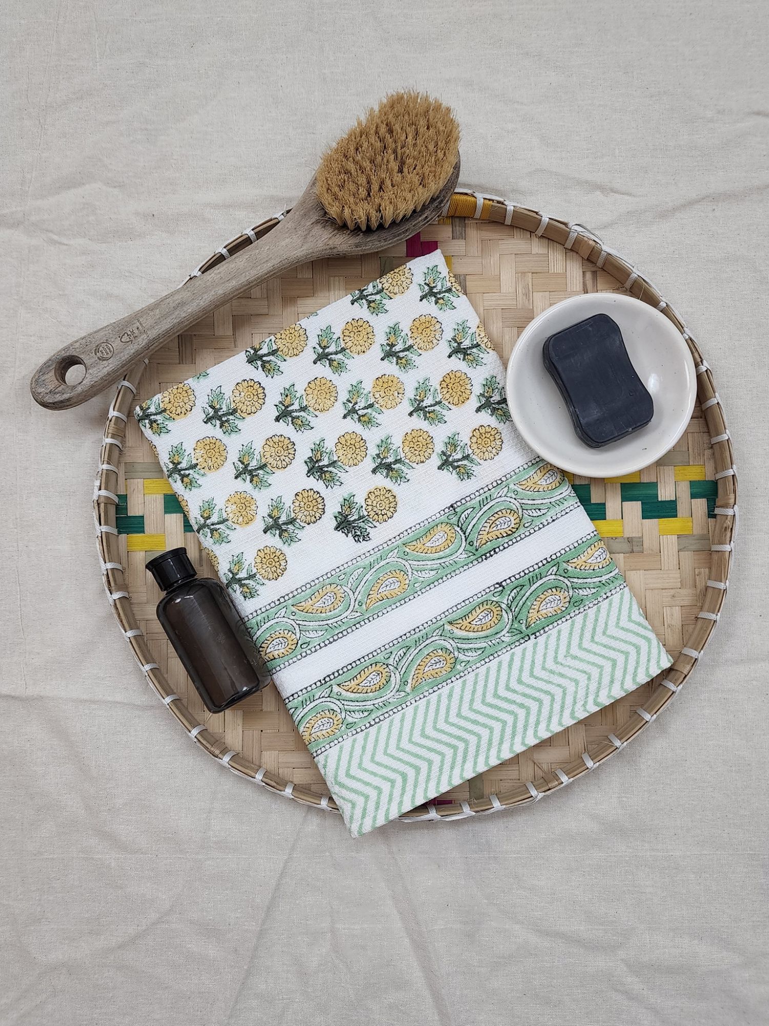 Biyoku Pure Cotton Hand Block Printed Bath Towel Mustard Yellow Green Genda