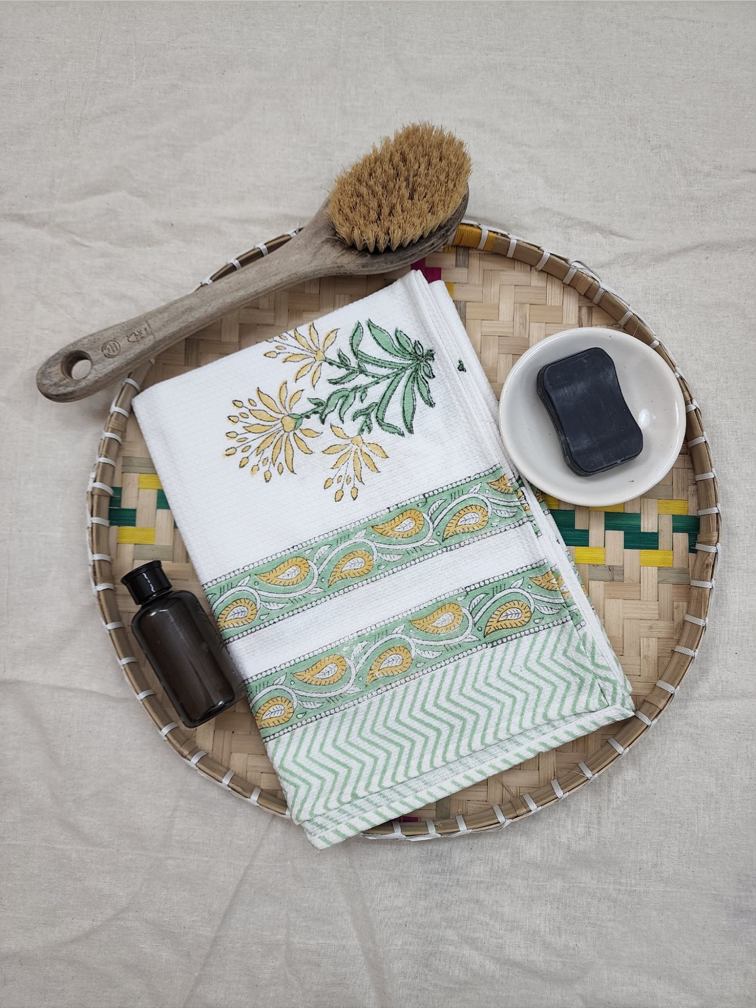 Biyoku Pure Cotton Hand Block Printed Bath Towel Mustard Yellow Green Noor