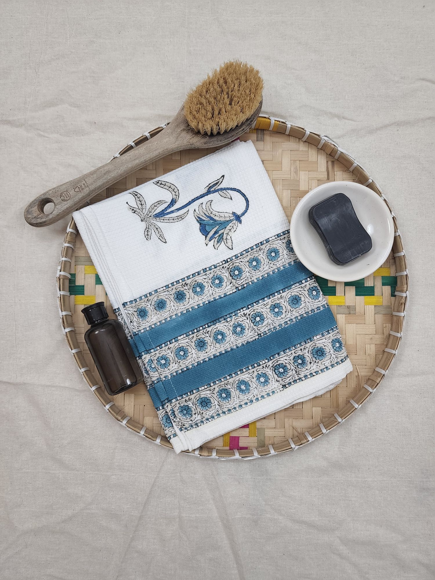 Biyoku Pure Cotton Hand Block Printed Bath Towel Blue Grey Mehraab