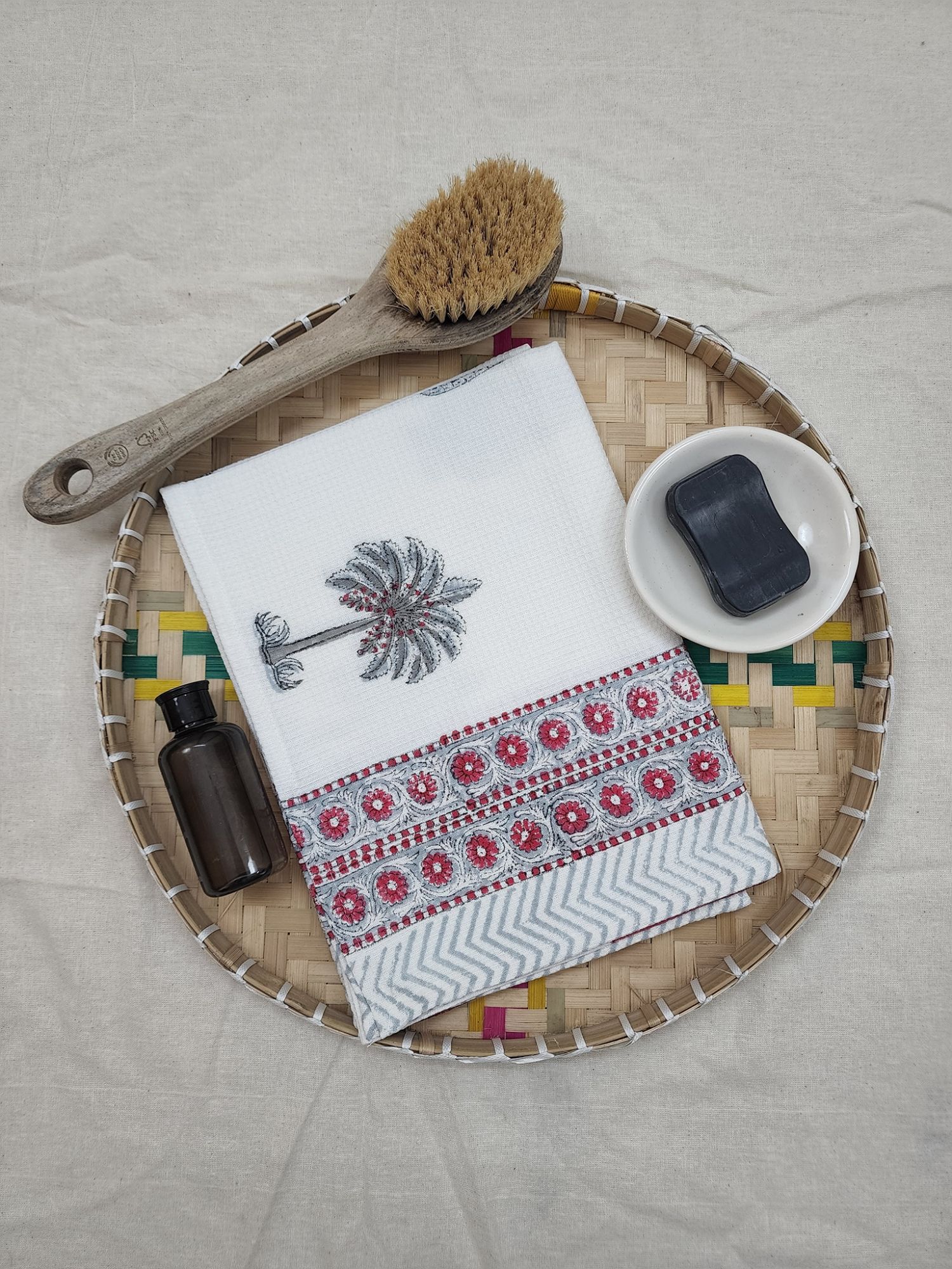 Biyoku Pure Cotton Hand Block Printed Bath Towel Grey Red Khajur