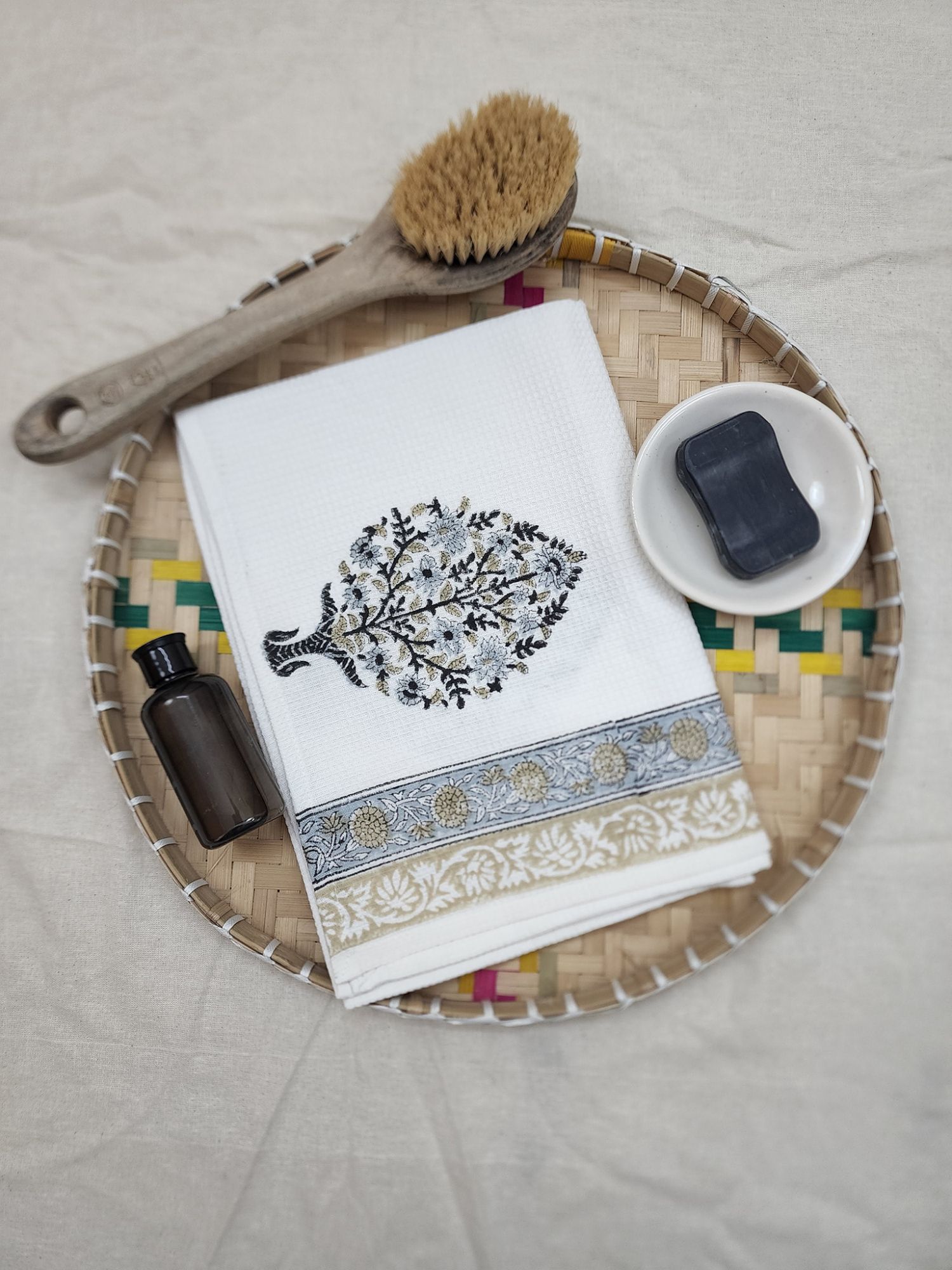 Biyoku Pure Cotton Hand Block Printed Bath Towel Blue Light Taupe Saanjh