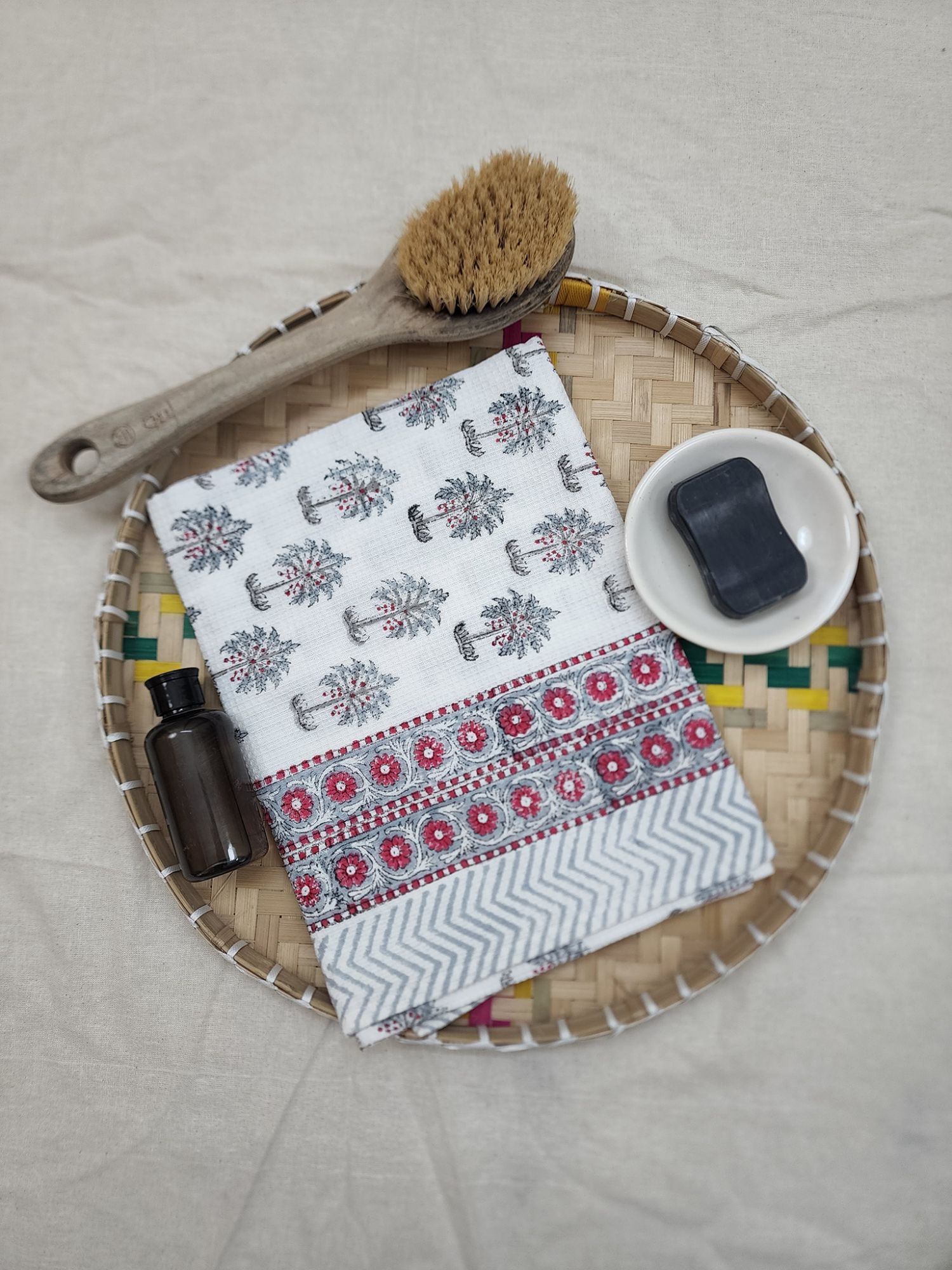 Biyoku Pure Cotton Hand Block Printed Bath Towel Grey Red Palms