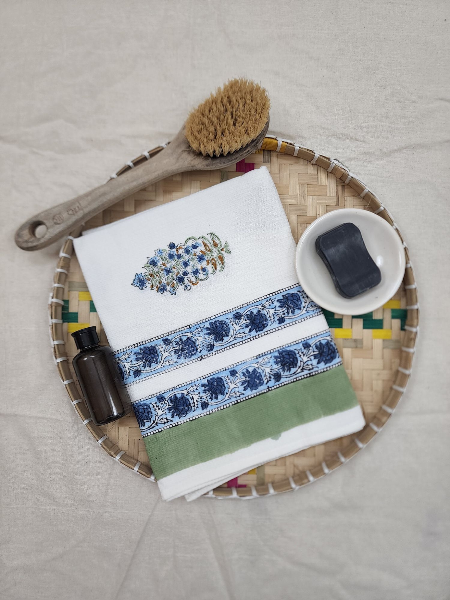 Biyoku Pure Cotton Hand Block Printed Bath Towel Blue Green Gul