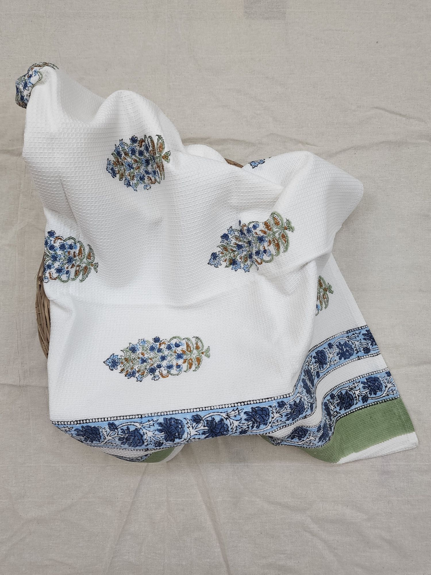 Biyoku Pure Cotton Hand Block Printed Bath Towel Blue Green Gul