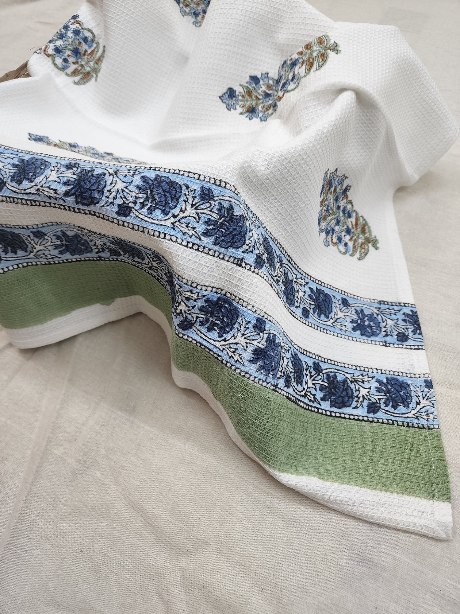 Biyoku Pure Cotton Hand Block Printed Bath Towel Blue Green Gul