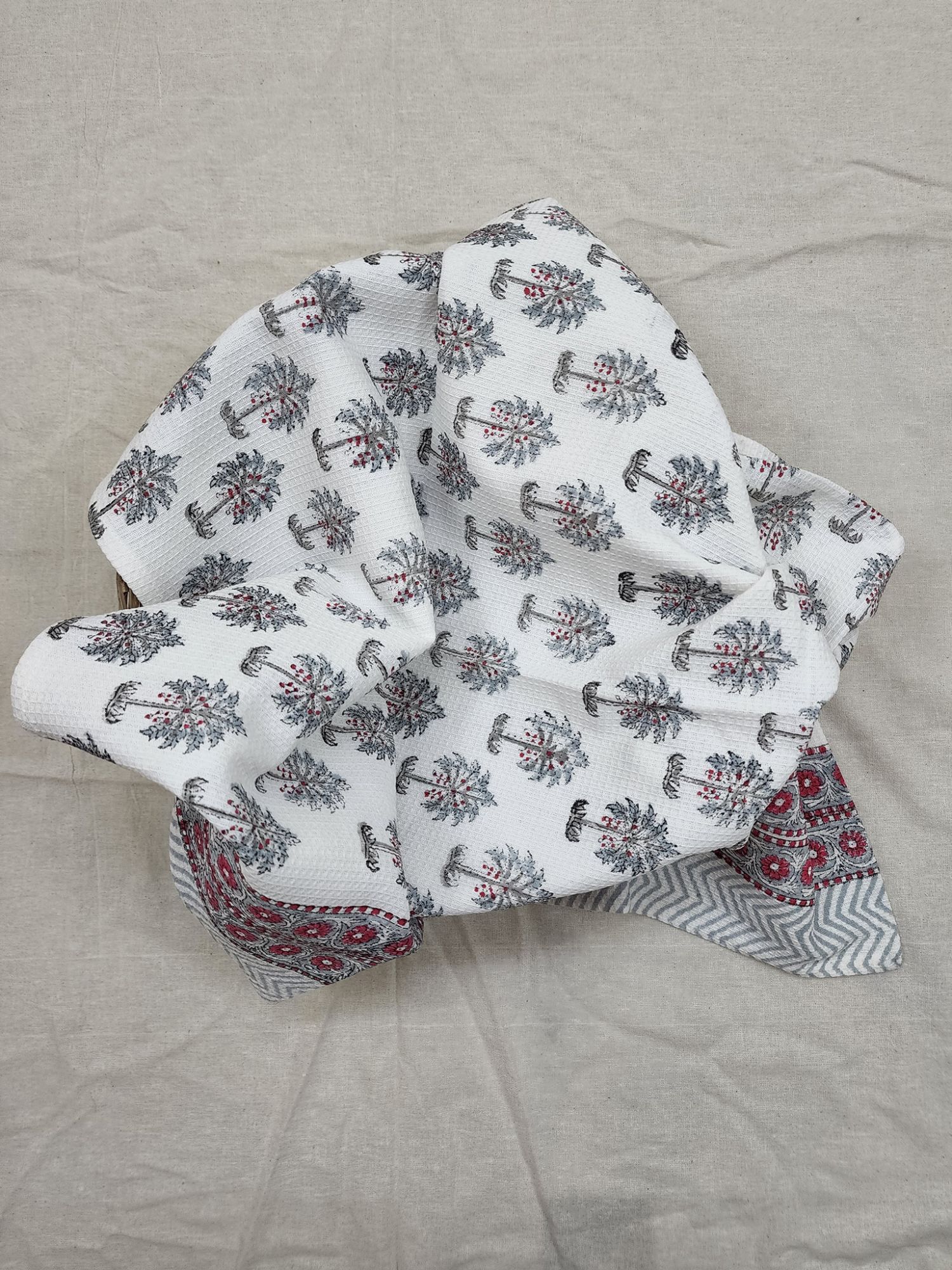 Biyoku Pure Cotton Hand Block Printed Bath Towel Grey Red Palms