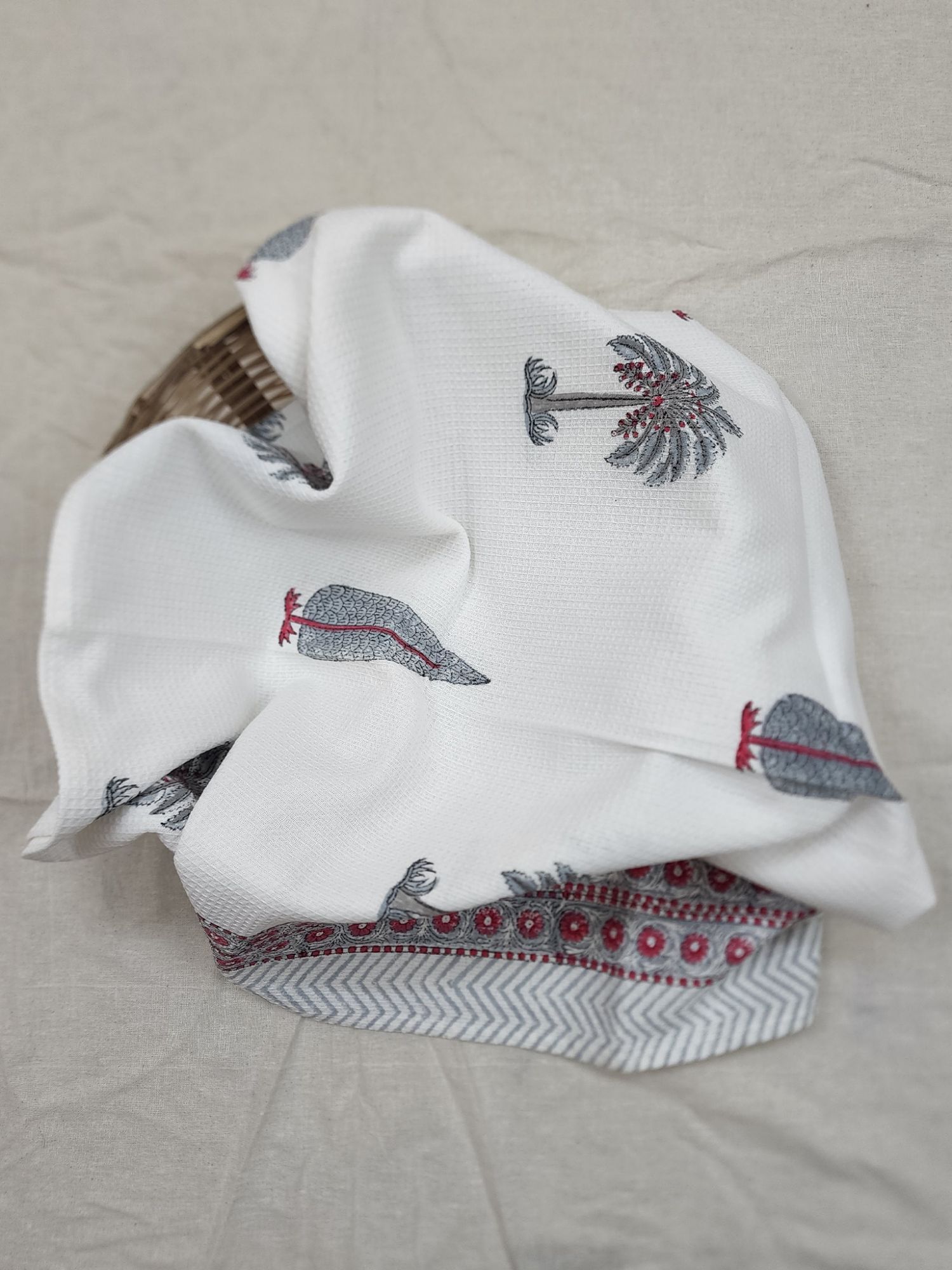 Biyoku Pure Cotton Hand Block Printed Bath Towel Grey Red Khajur