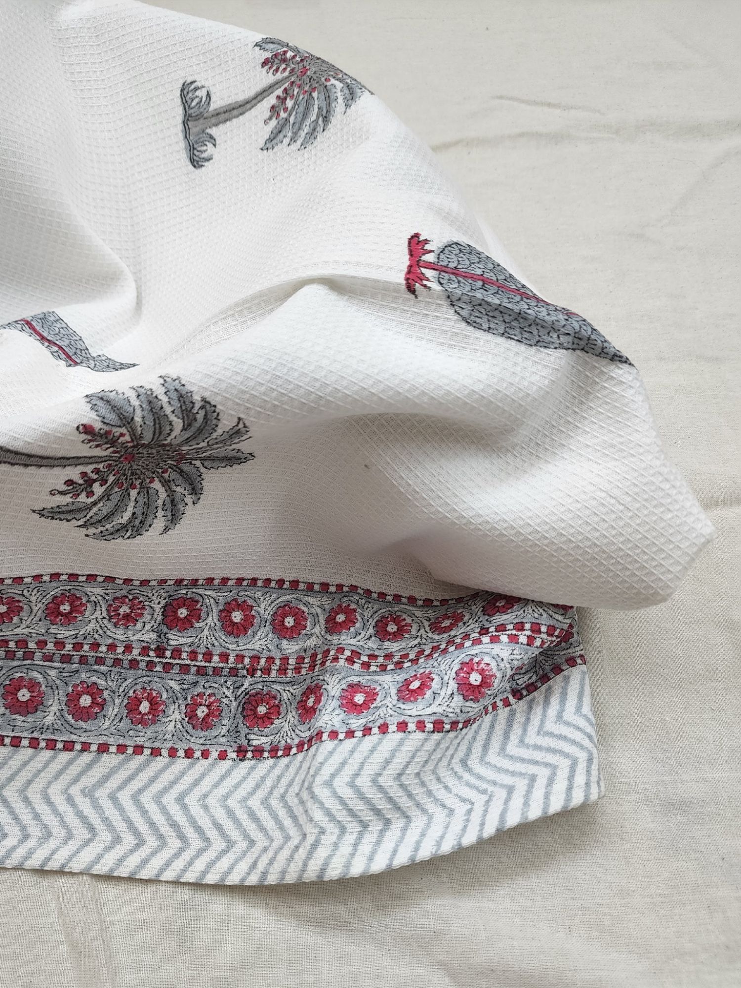 Biyoku Pure Cotton Hand Block Printed Bath Towel Grey Red Khajur