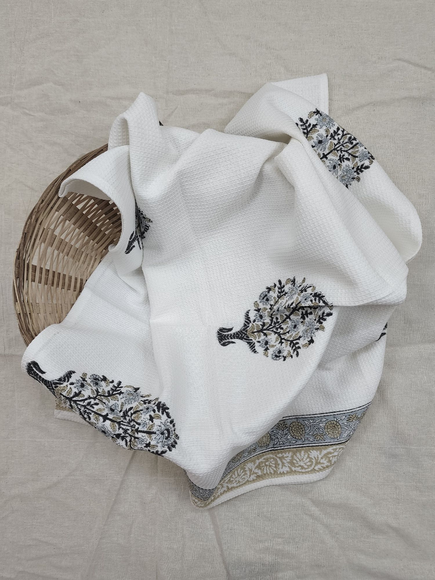 Biyoku Pure Cotton Hand Block Printed Bath Towel Blue Light Taupe Saanjh